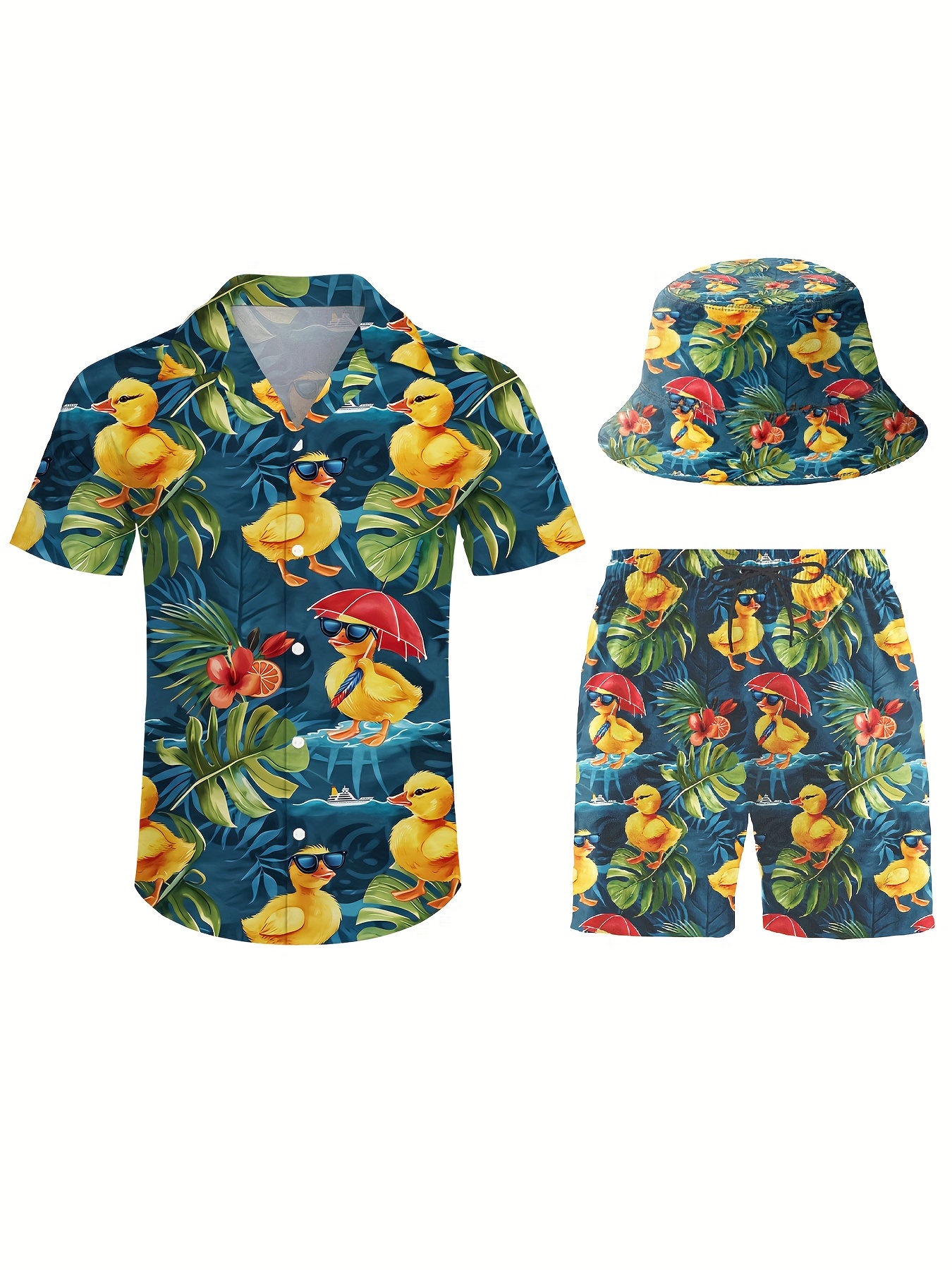 3pcs Men's Hawaiian Dark Blue & Yellow Duck Printed Short Sleeves Shirt & Short & Fisherman's Hat