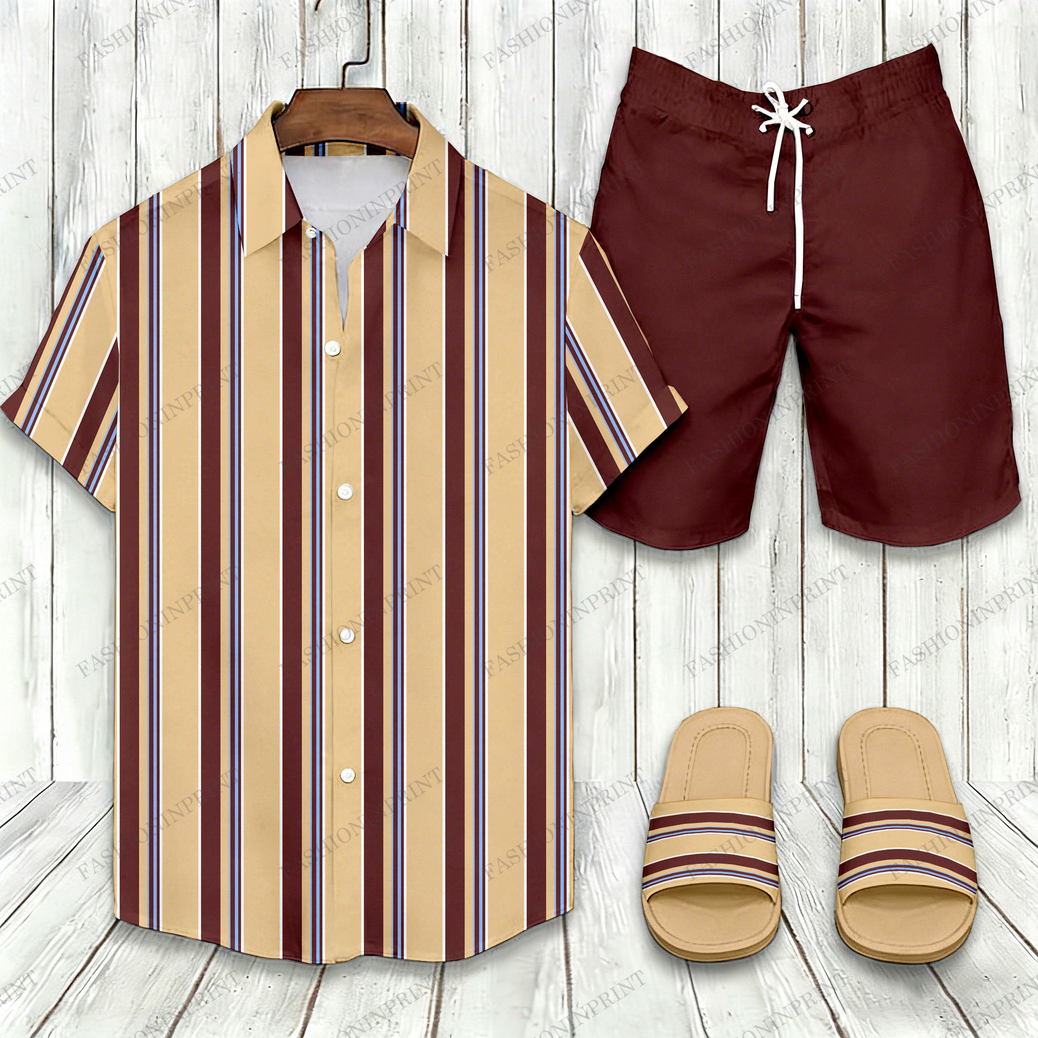 Men's Casual Burgundy & Apricot Color Matching Striped Print Short-Sleeve Shirt & Shorts & Slippers Three - Piece Set