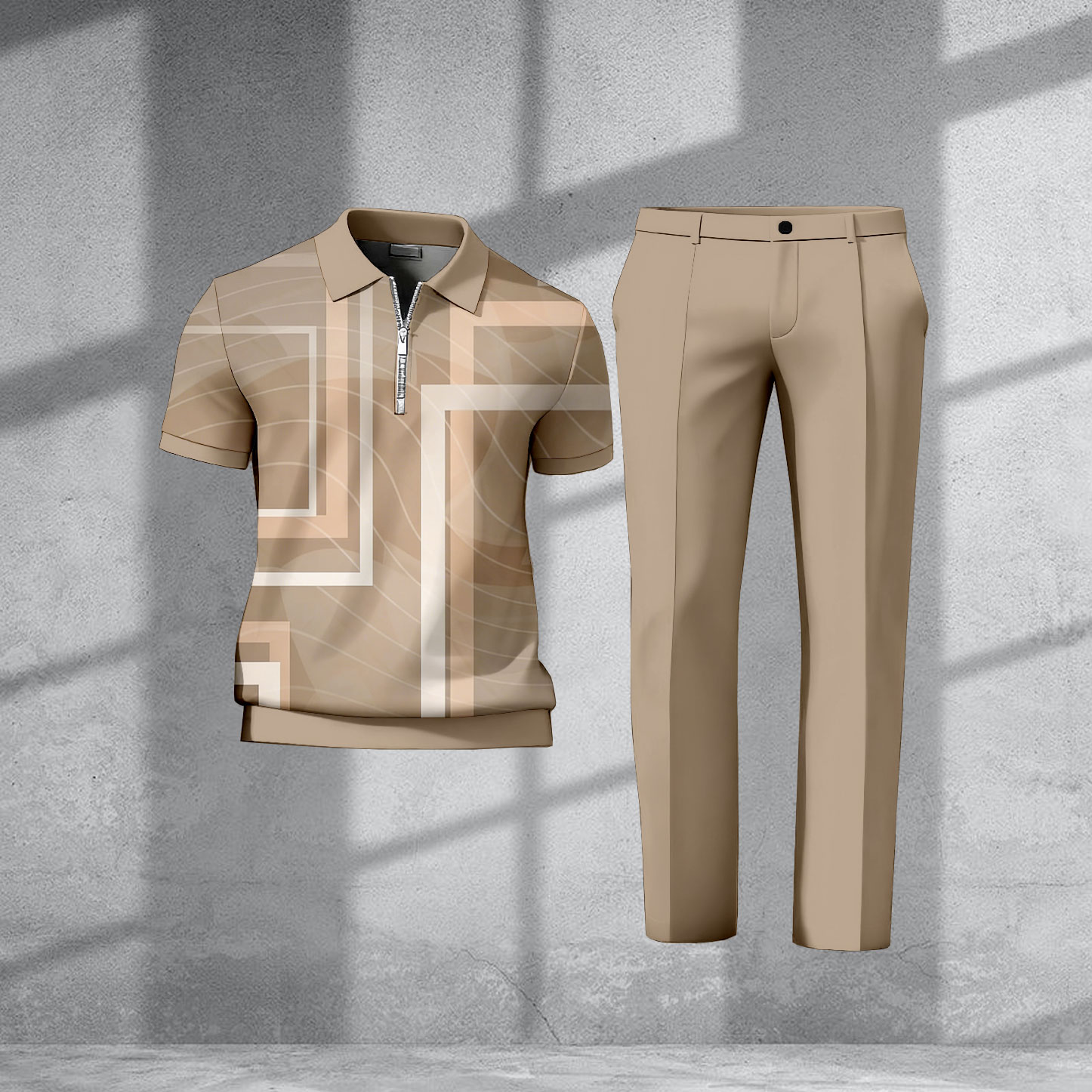 Men's Casual Apricot Color Matching Geometric Printed Zipper Short Sleeved Polo Shirt & Trousers Two-Piece Set