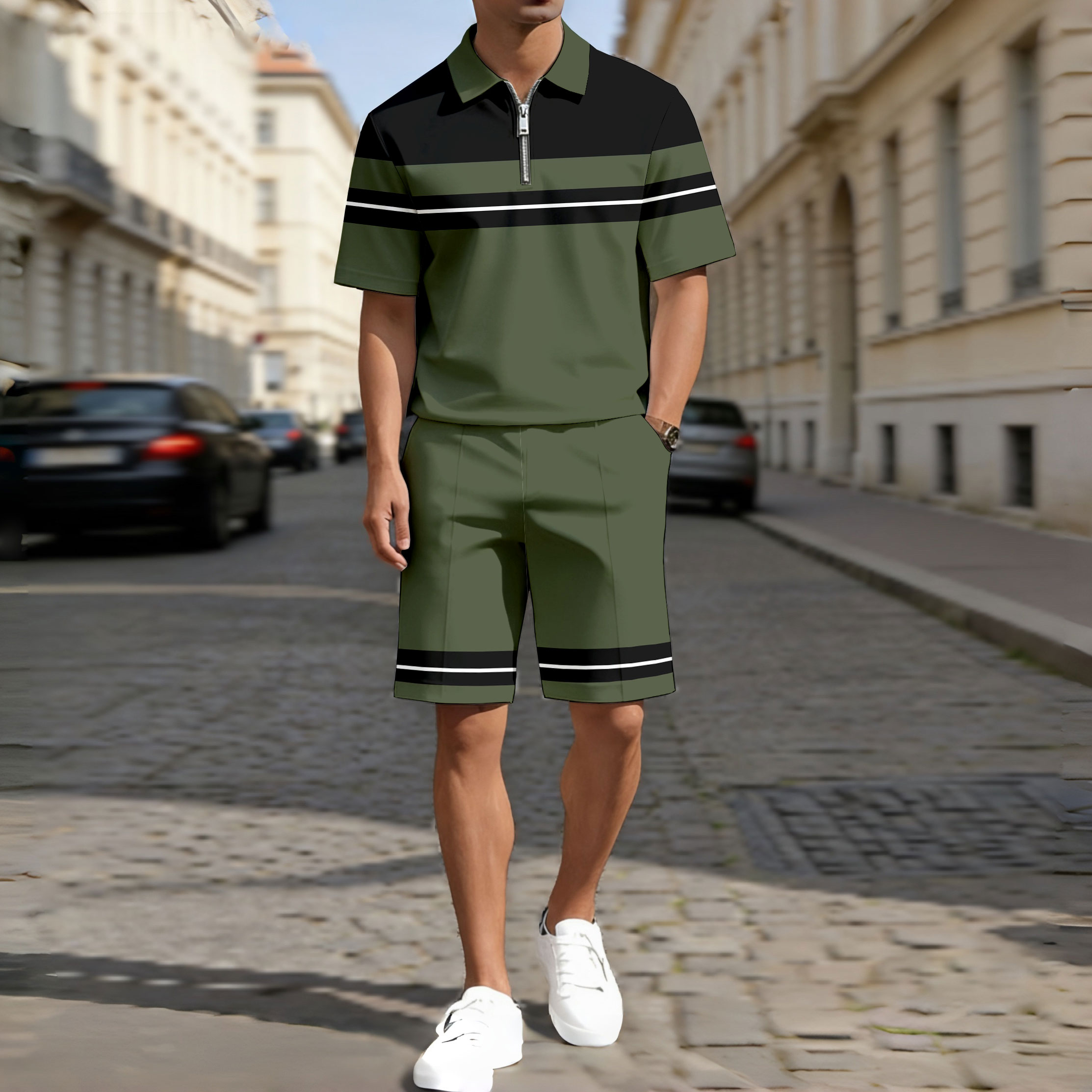 Men's Casual Army Green Color Matching Striped Printed Zipper Short Sleeved Polo Shirt & Shorts 2Pc Set