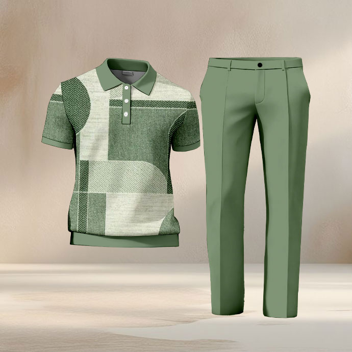 Men's Casual Green Multi Color Matching Geometric Printed Short Sleeved Polo Shirt & Trousers Two-Piece Set