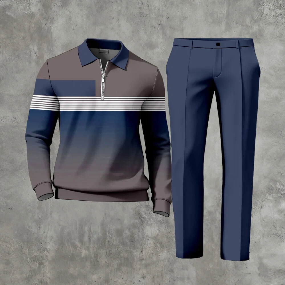 Men's Casual Color Matching Printed Polo-Collar Zipper Long Sleeved Trousers Two-Piece Set