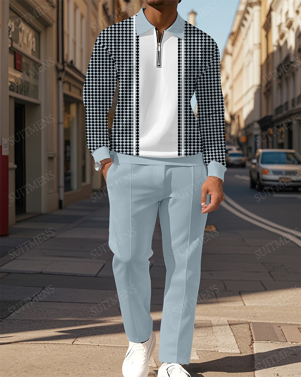 Men's Casual Colorblock Personalized Long Sleeve Polo Shirt Set  009