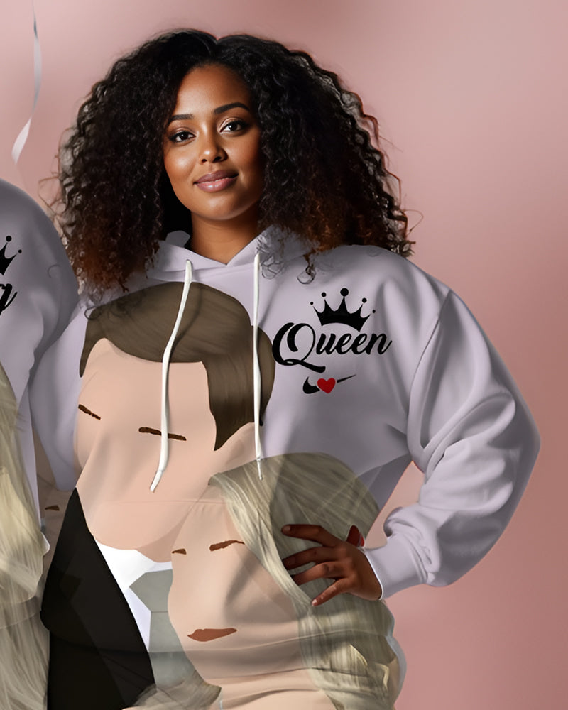 Couple Plus Size Couple Wedding Cartoon Pattern Crown Print Hoodie Set