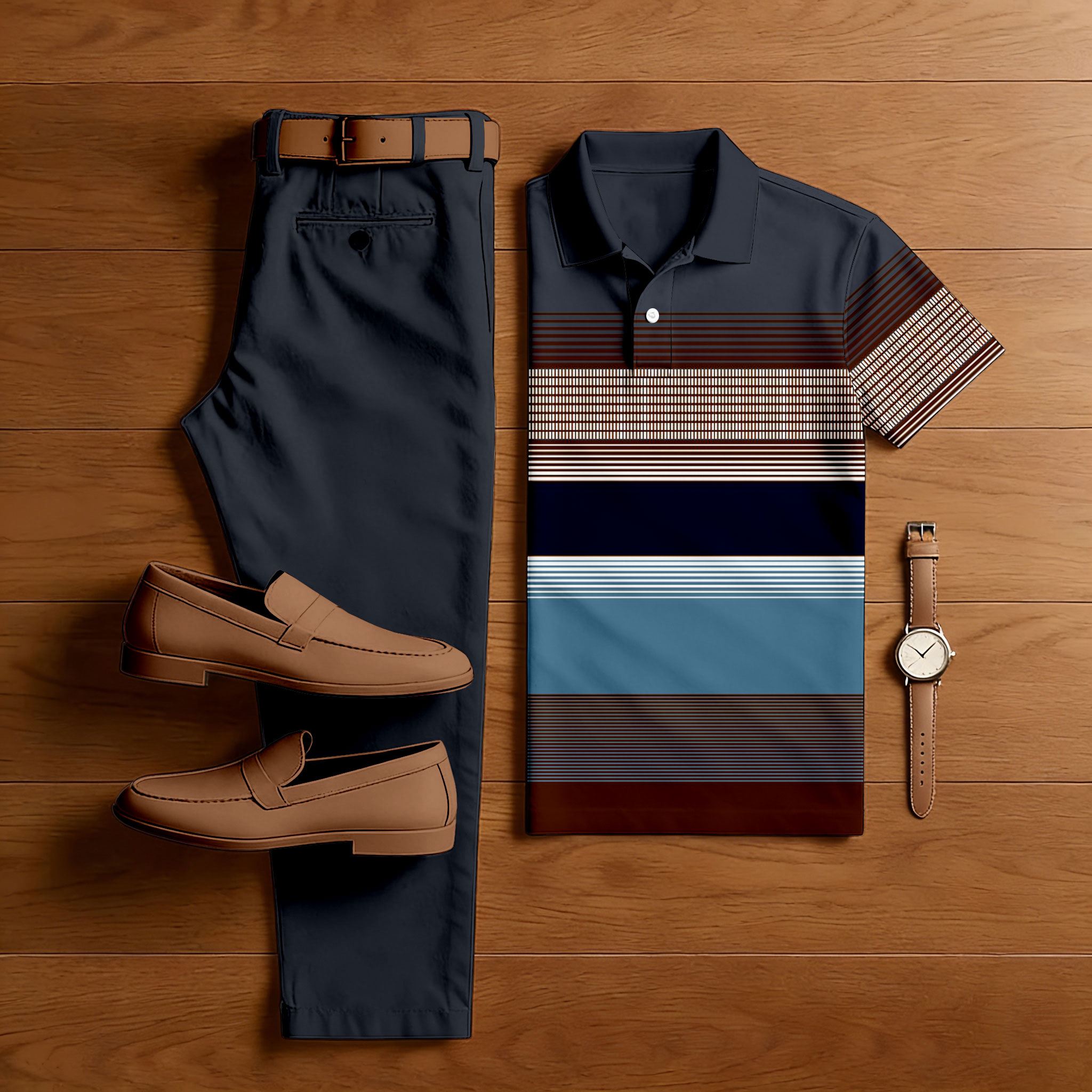 Men's Casual Multi Color Matching Striped Printed Short Sleeved Polo Shirt & Trousers Two-Piece Set