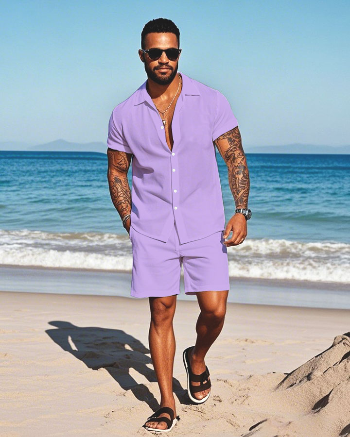 Men's Fashion Casual Lapel Collar Solid Color Short-Sleeved Two-Piece Set