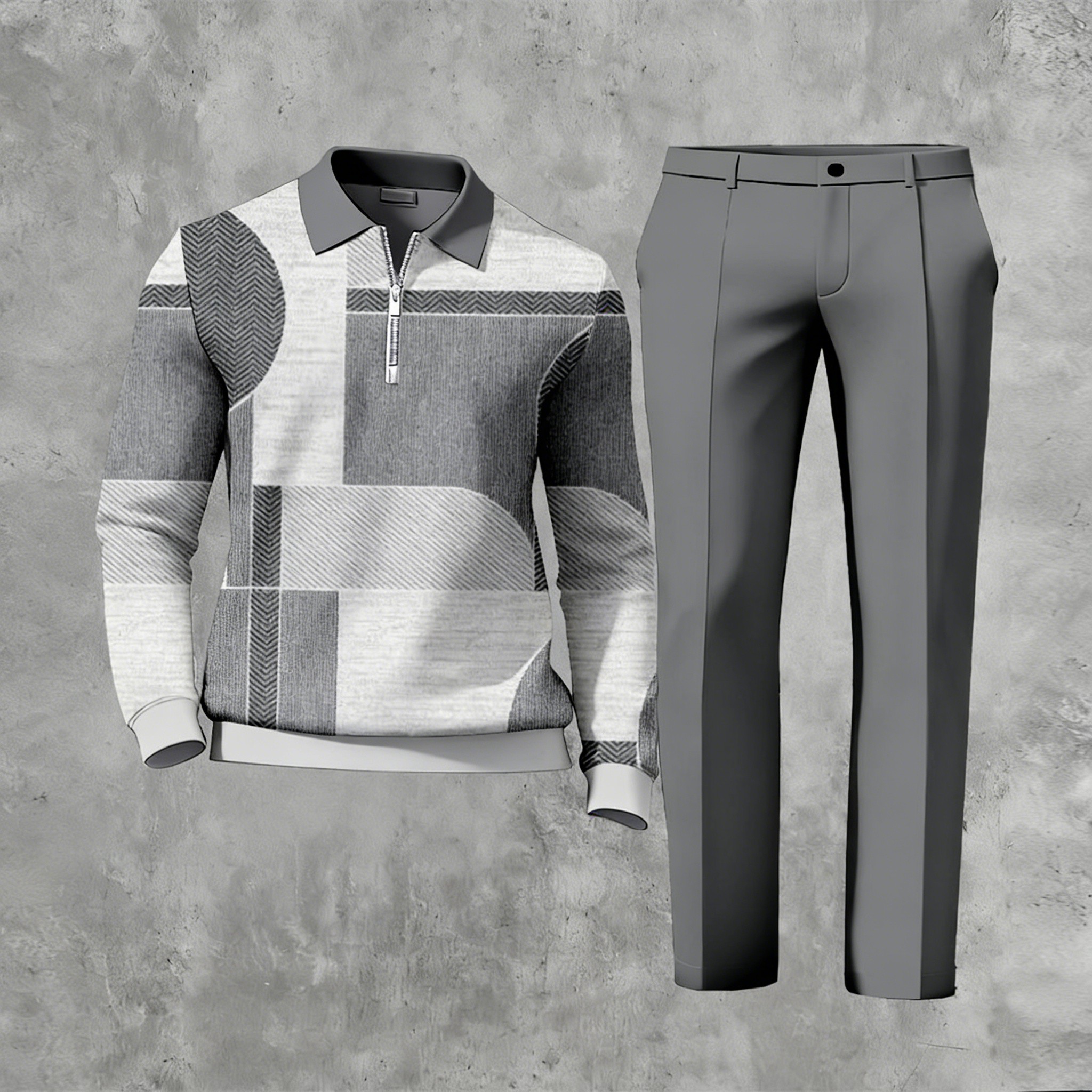 Men's Casual Multi Color Matching Geometric Printed Zipper Long Sleeved Polo Shirt & Trousers Two-Piece Set