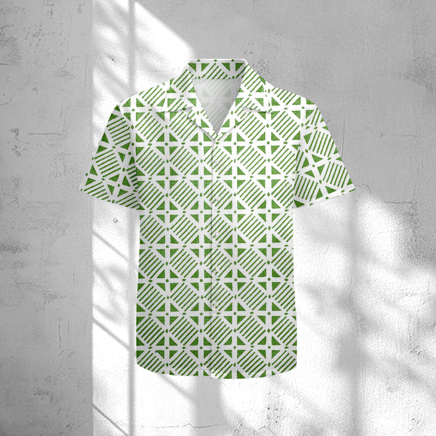 Men's Casual Green & White Color Matching Checkered Print Short-Sleeve Shirt