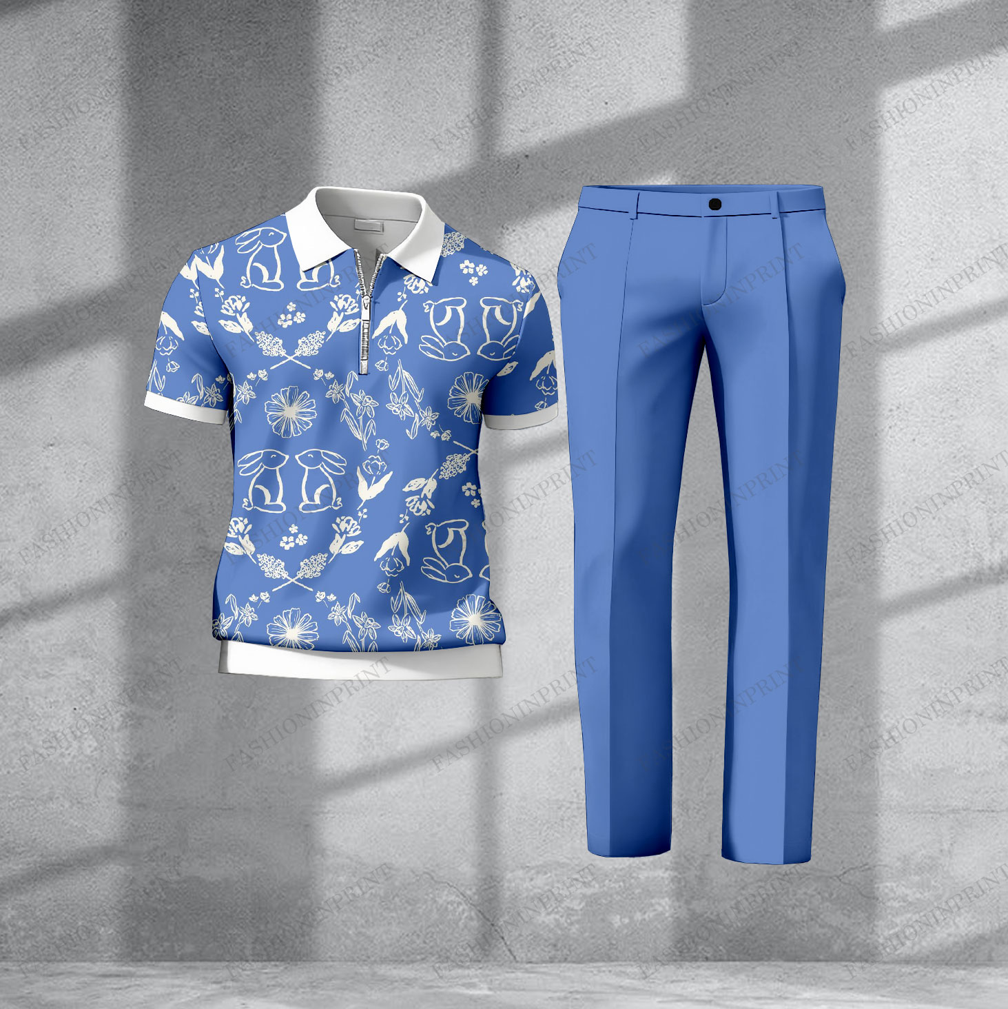 Easter Sunday Men's Casual Blue Rabbits & Flower Printed Short Sleeved Polo Shirt & Trousers Two-Piece Set