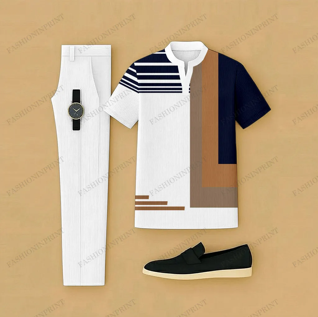 Men's Casual Navy Blue & White Color Matching Geometric Printed Short Sleeved Henry Collar T-Shirt & Trousers Two-Piece Set
