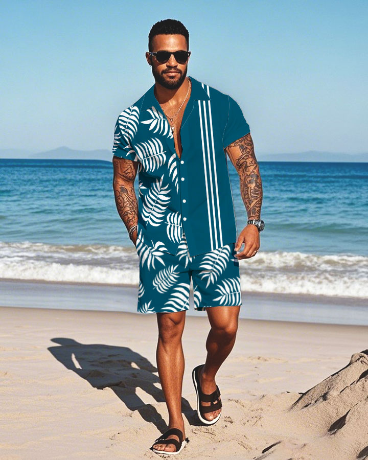 Men's Fashion Casual Lapel Collar Geometric Printed Short-Sleeved Two-Piece Set