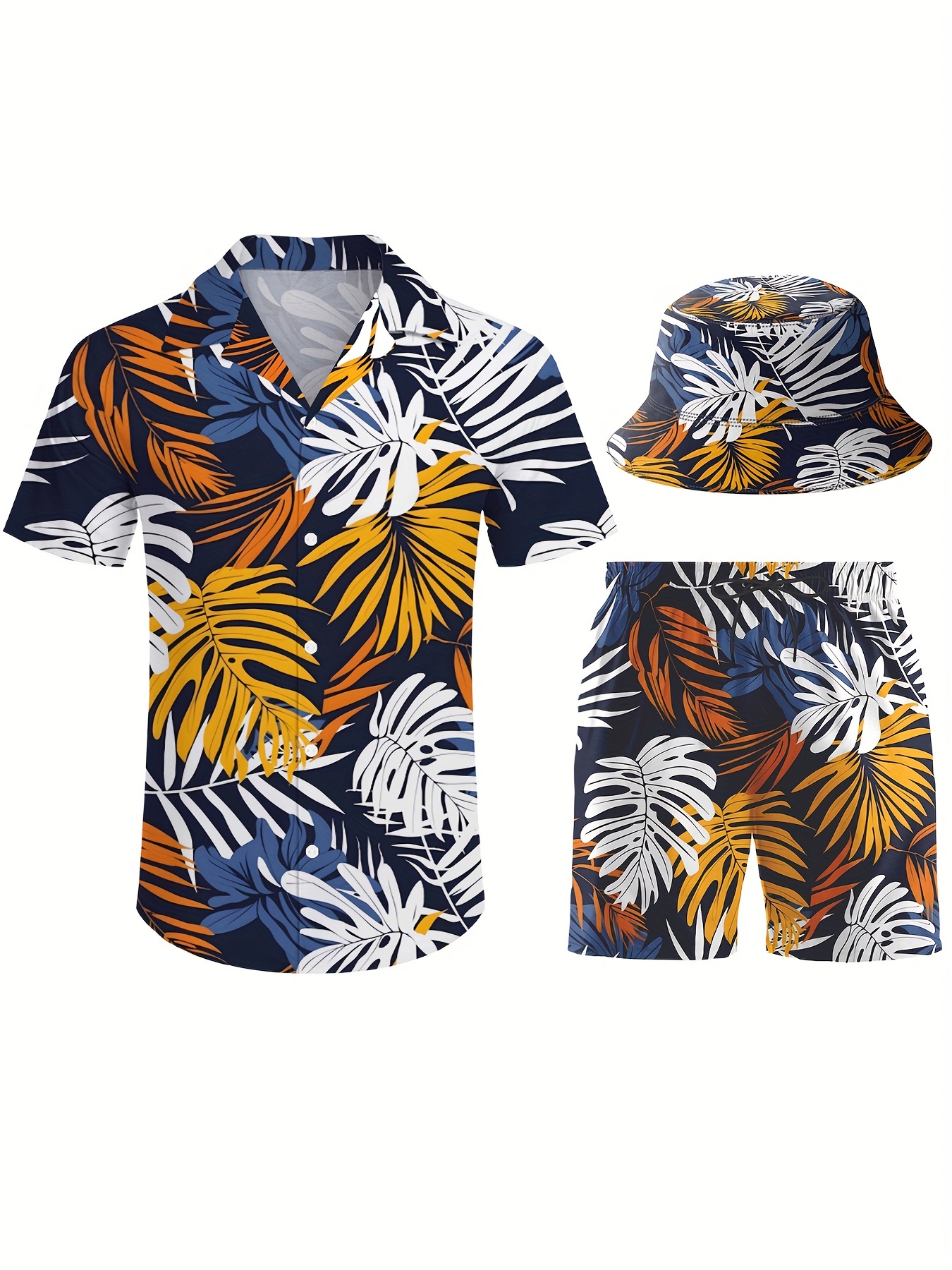 3pcs Men's Hawaiian Navy Blue Printed Short Sleeves Shirt & Short & Fisherman's Hat
