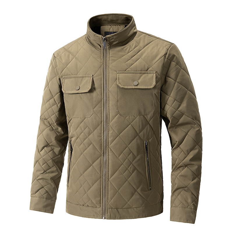 Men's Pocket Lightweight Cotton-Padded Jacket With Diamond-Shaped Stand Collar