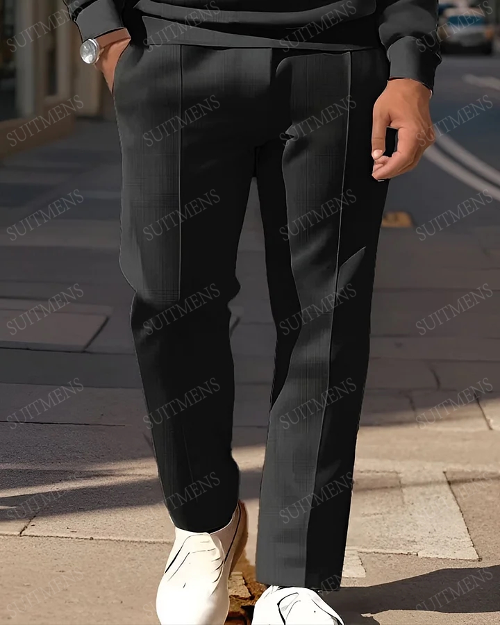 Men's Simple Khaki Black White Color Block Printed POLO Long-sleeved Trousers Two-piece Set