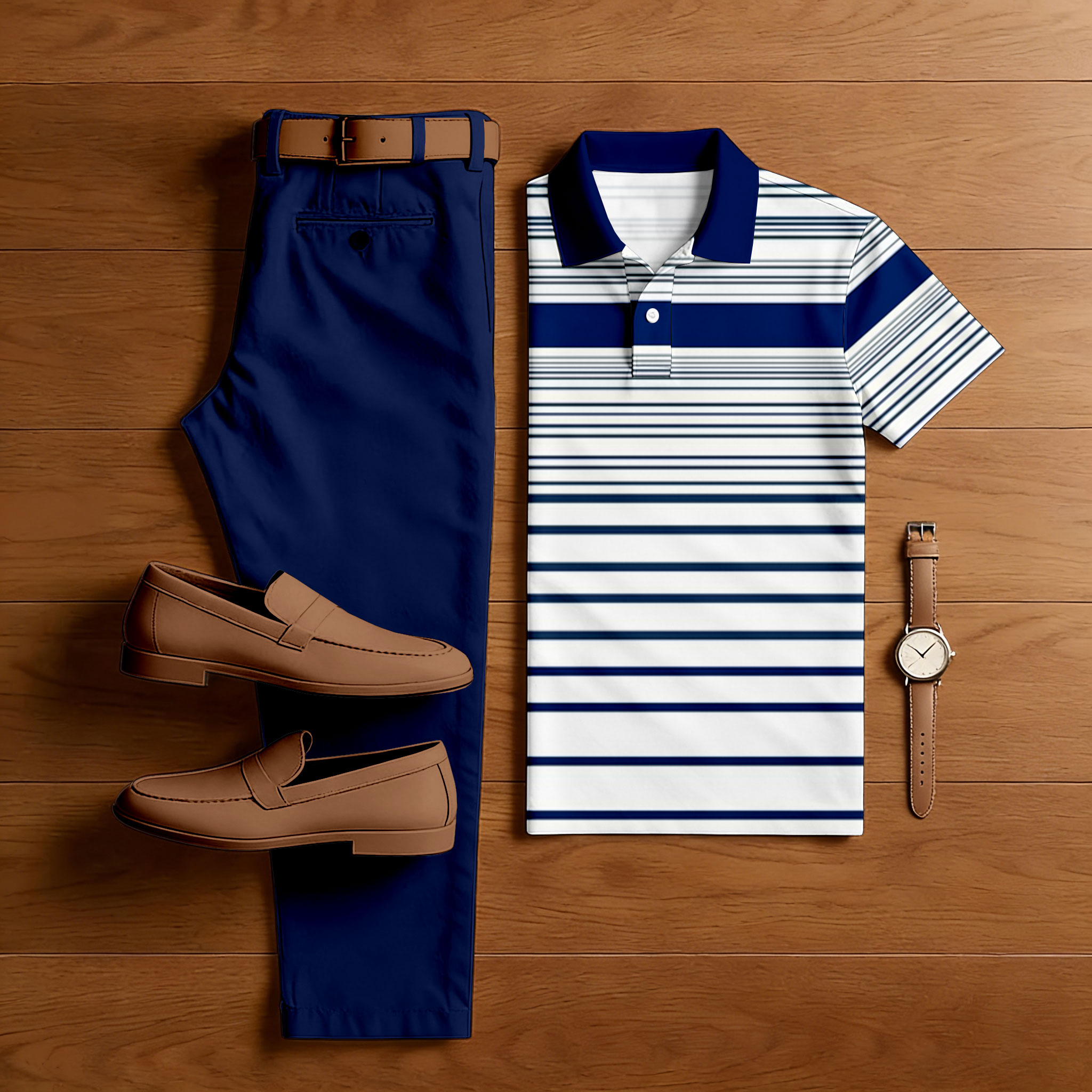 Men's Casual Royal Blue & White Color Matching Striped Printed Short Sleeved Polo Shirt & Trousers Two-Piece Set