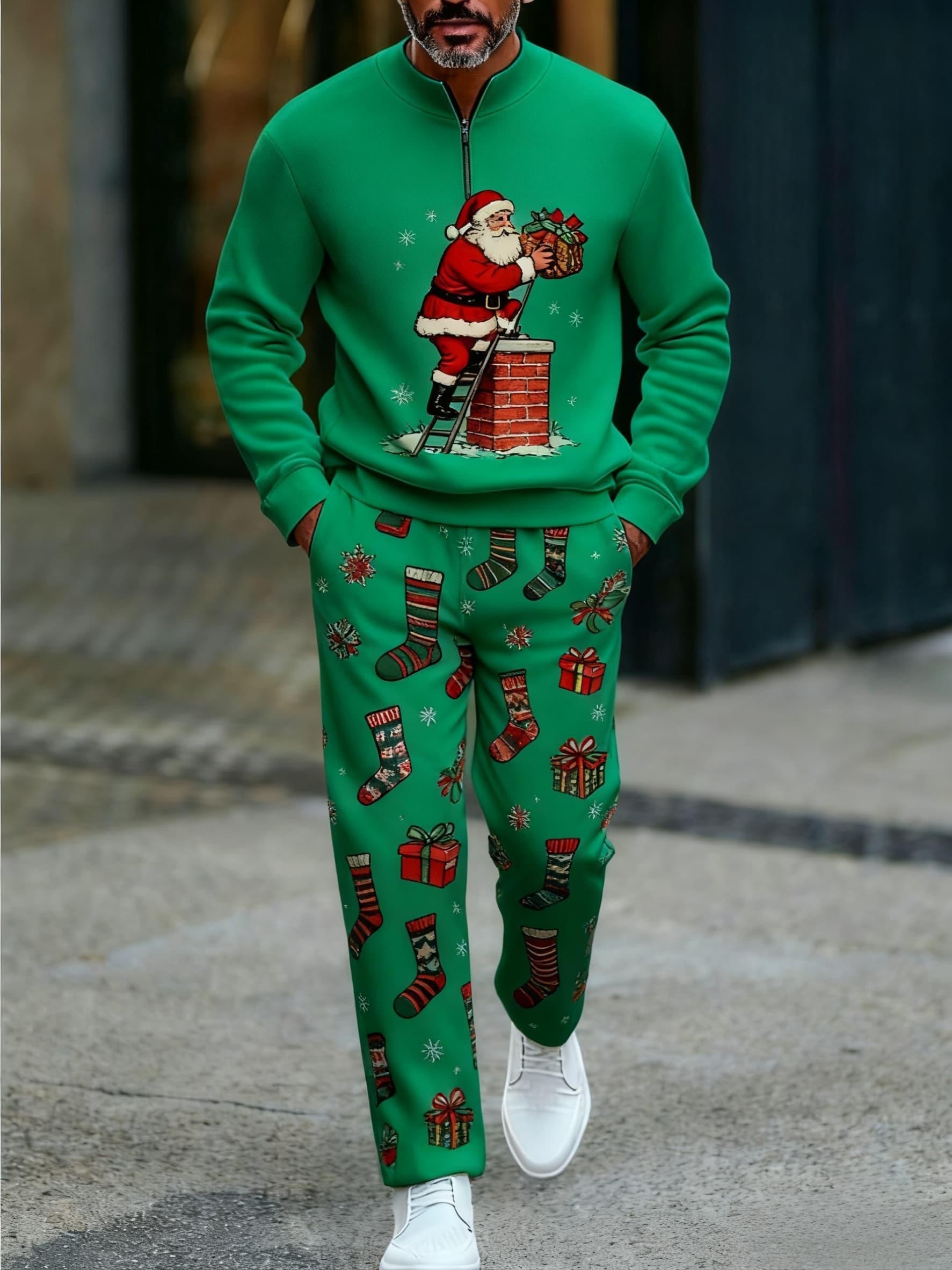 Men's Christmas Printed Round-Neck Zipper Long Sleeved Trousers Two-Piece Set