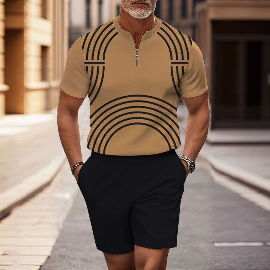 Men's Fashion Casual Round-Neck Geometric Printed Short-Sleeved Two-Piece Set
