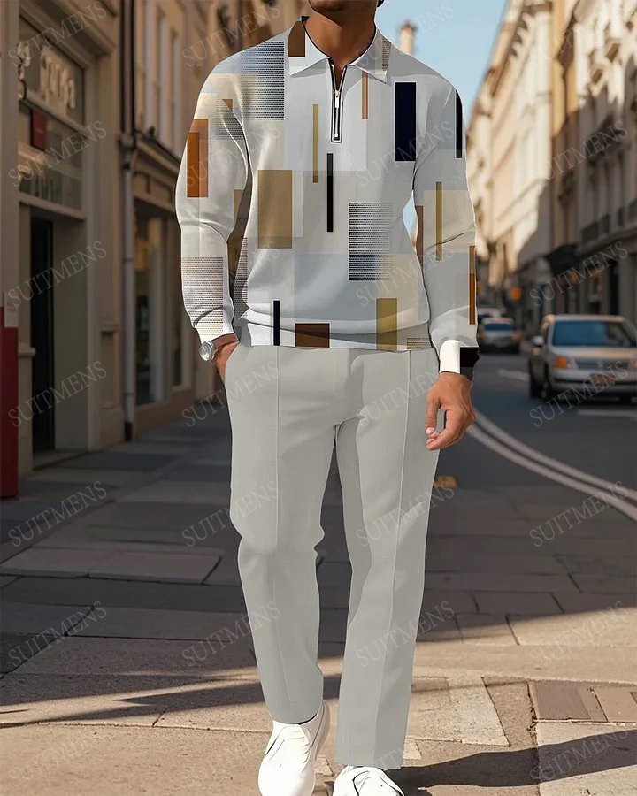 Men's Gray Geometric Stripe Print POLO Long Sleeve Trousers Two-Piece Set