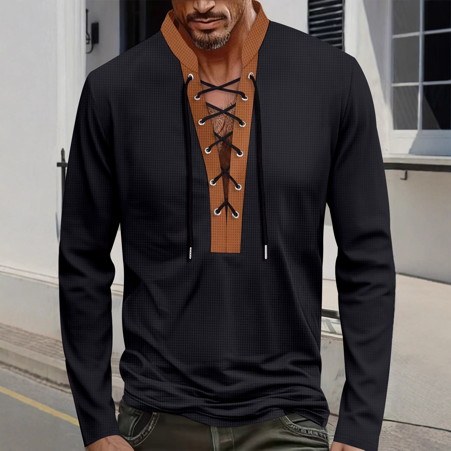 Men's Casual Solid Color Waffle V-Neckb Bandage Long Sleeved T-Shirts