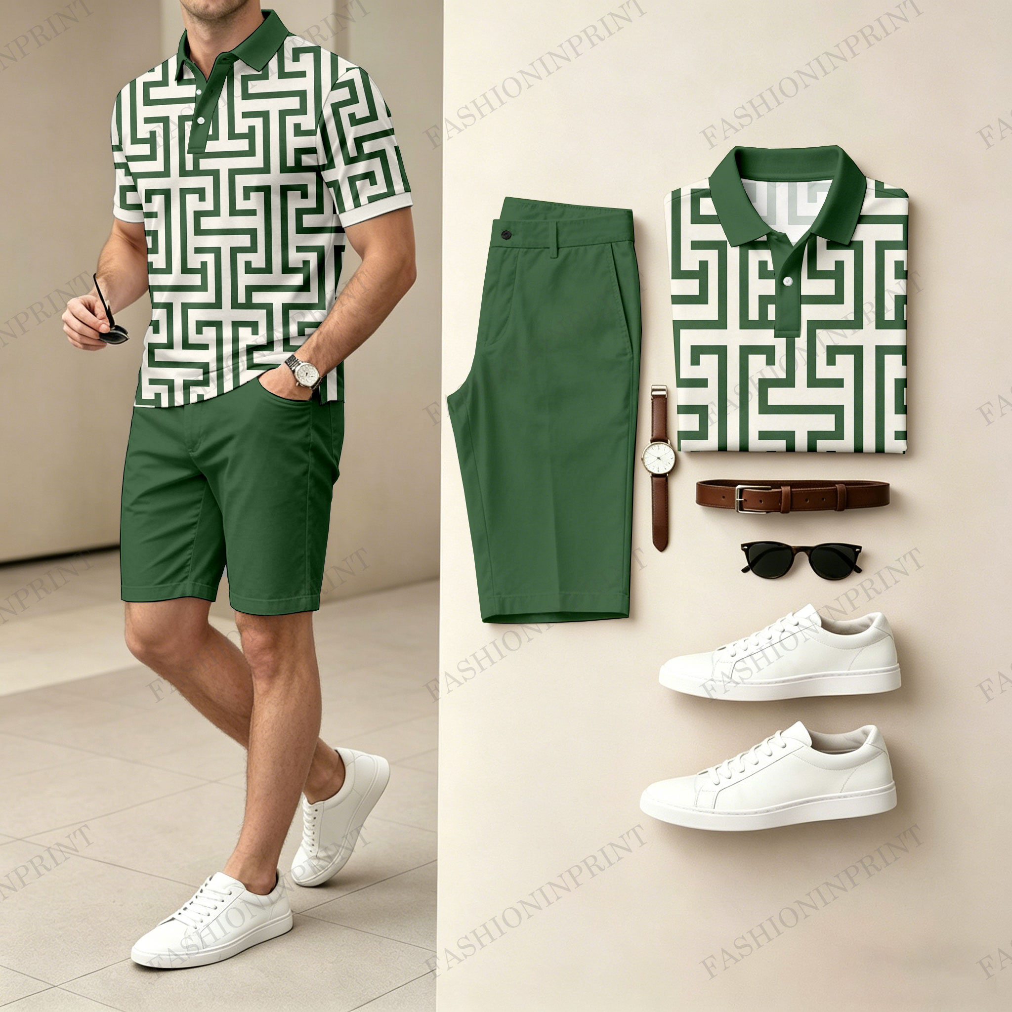 Men's Casual Geometric Color Polo Shirt & Shorts Two-Piece Set