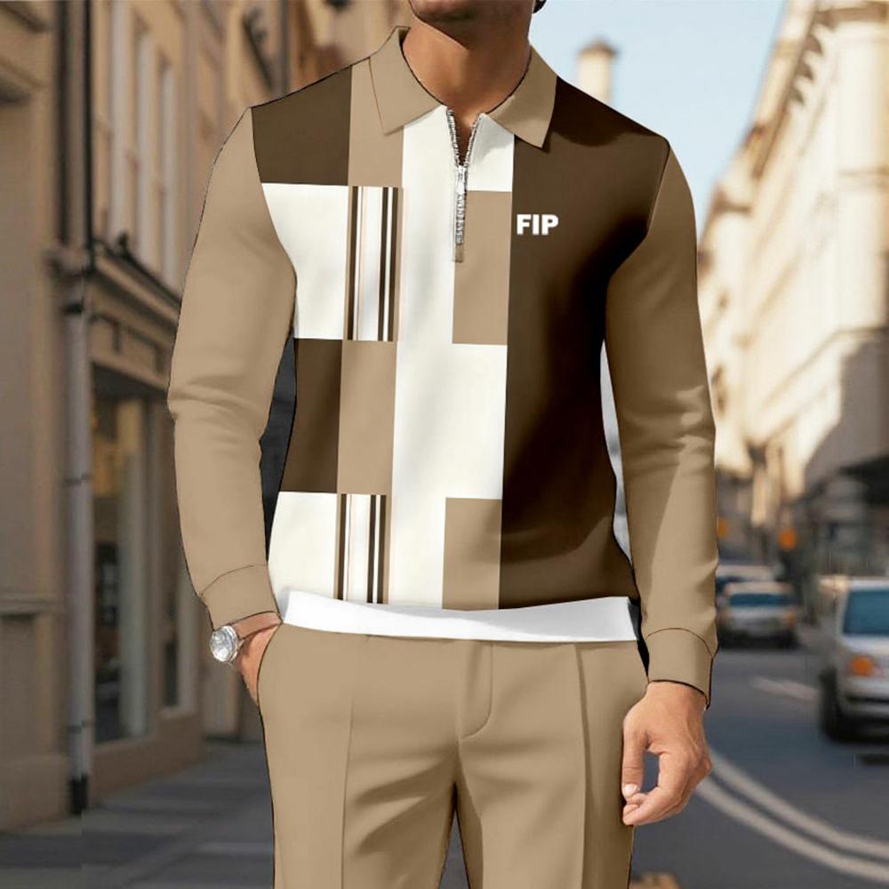 Men's Casual Khaki Color Matching Geometric Printed Polo-Collar Zipper Long Sleeved Trousers Two-Piece Set 1218