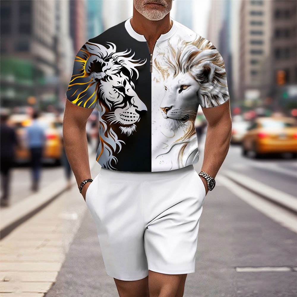 Men's Fashion Casual Round-Neck Geometric Printed Short-Sleeved Two-Piece Set
