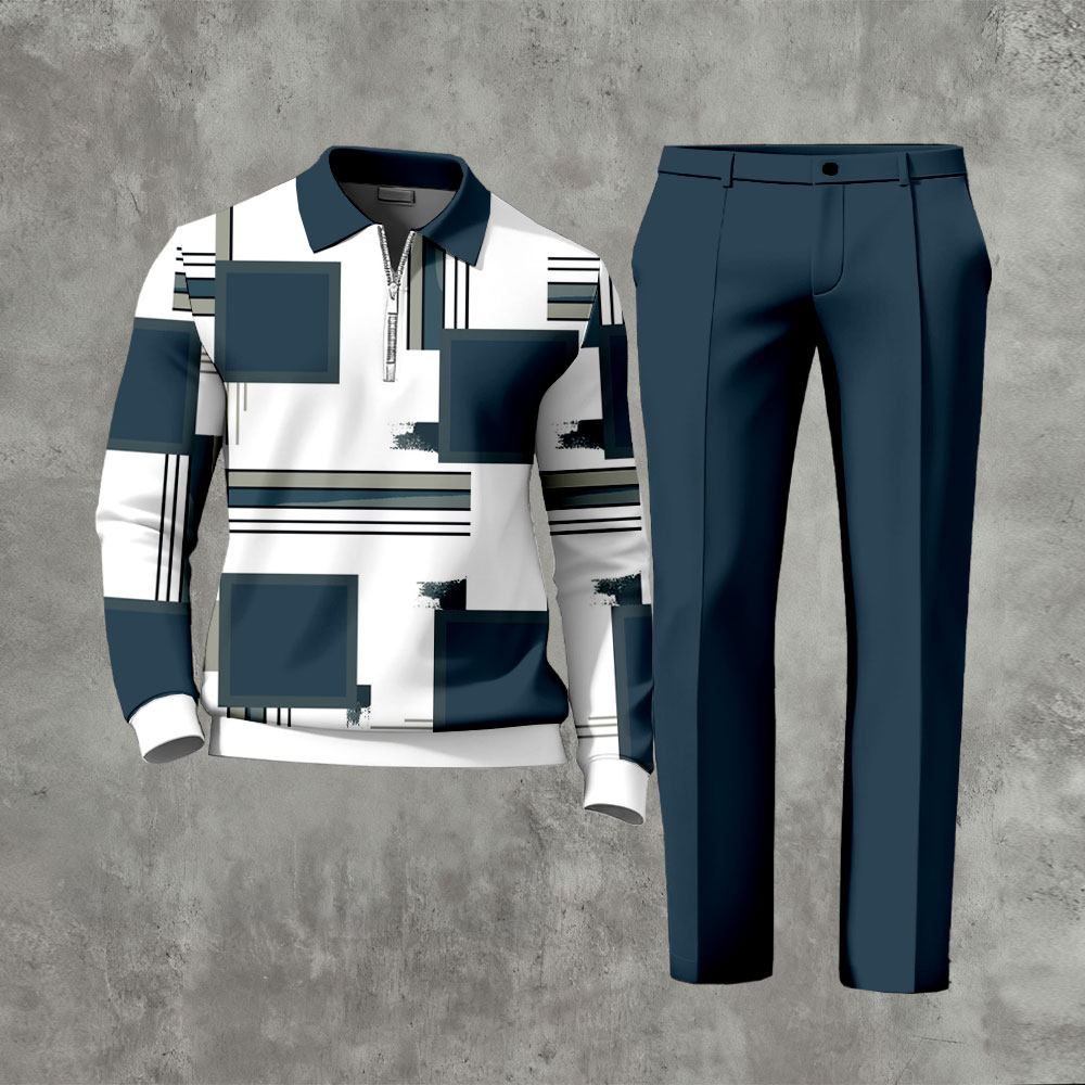 Men's Casual Dark Green Color Matching Asymmetric Printed Polo-Collar Zipper Long Sleeved Trousers Two-Piece Set 1222