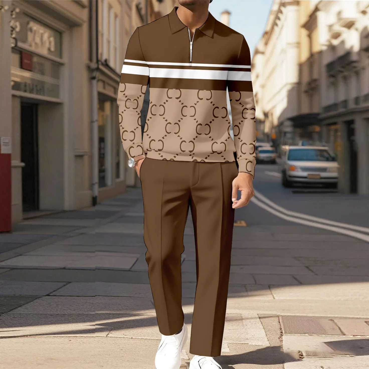 Men's Casual Color Matching Printed Polo-Collar Zipper Long Sleeved Trousers Two-Piece Set 9811