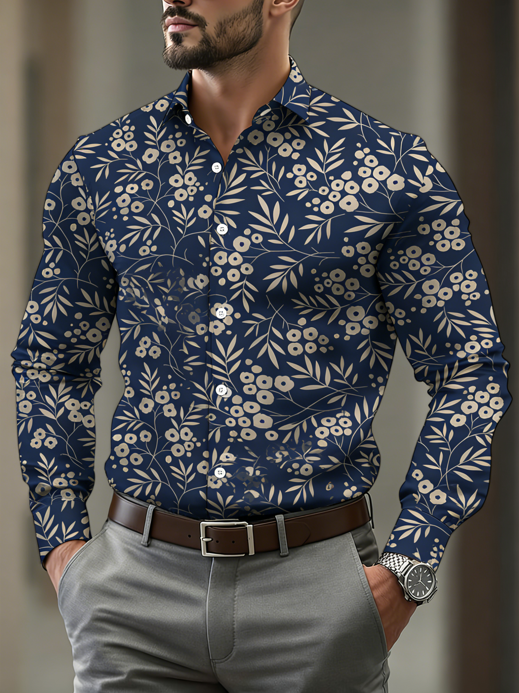 Men's Casual Navy Blue & Beige Floral Print Long-Sleeve Shirt