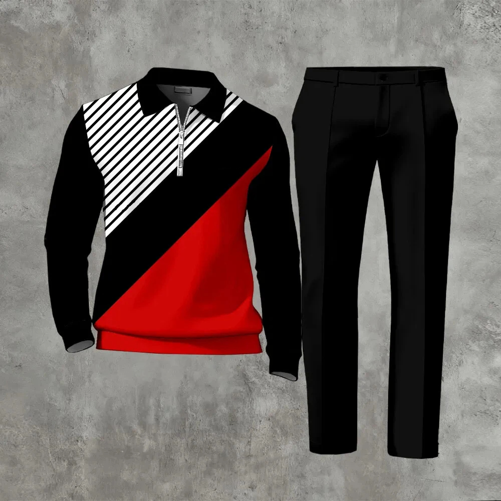 Men's Casual Color Matching Printed Polo-Collar Zipper Long Sleeved Trousers Two-Piece Set