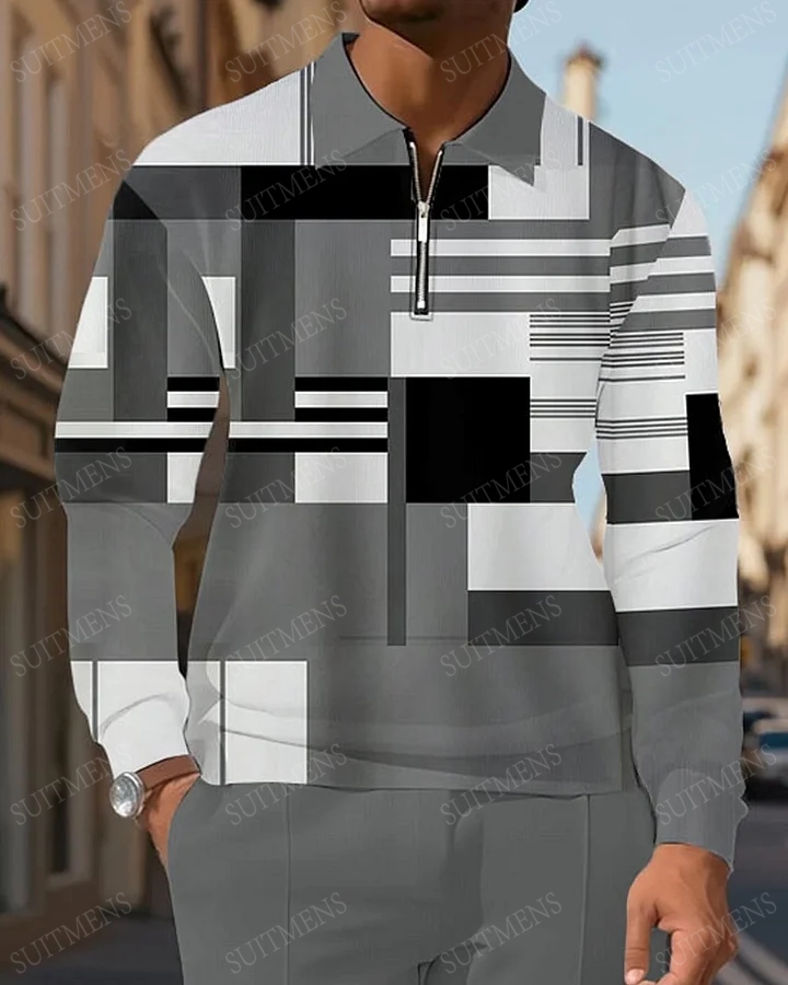 Men's Simple Gray Color Block Geometric Print POLO Long Sleeve Trousers Two-piece Set