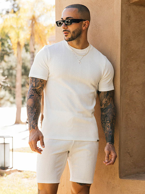 Men's Casual Jacquard Round-Neck Solid Color Short-Sleeved Two-Piece Set