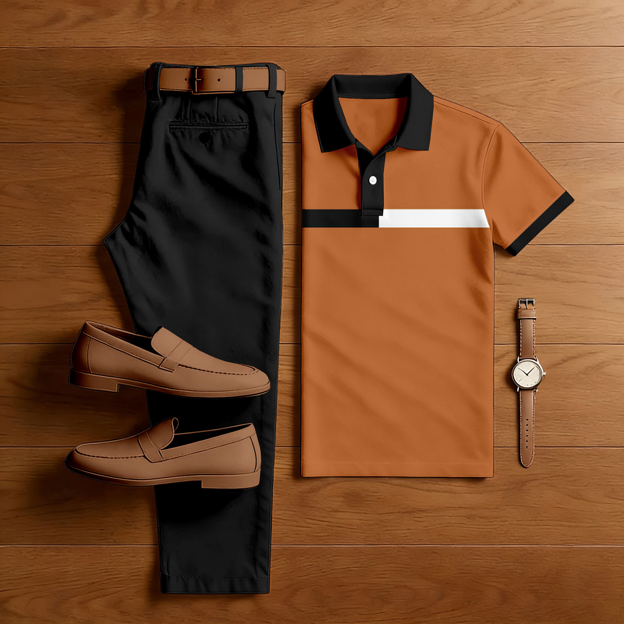 Men's Casual Brown & Black Color Matching Printed Short Sleeved Polo Shirt & Trousers Two-Piece Set
