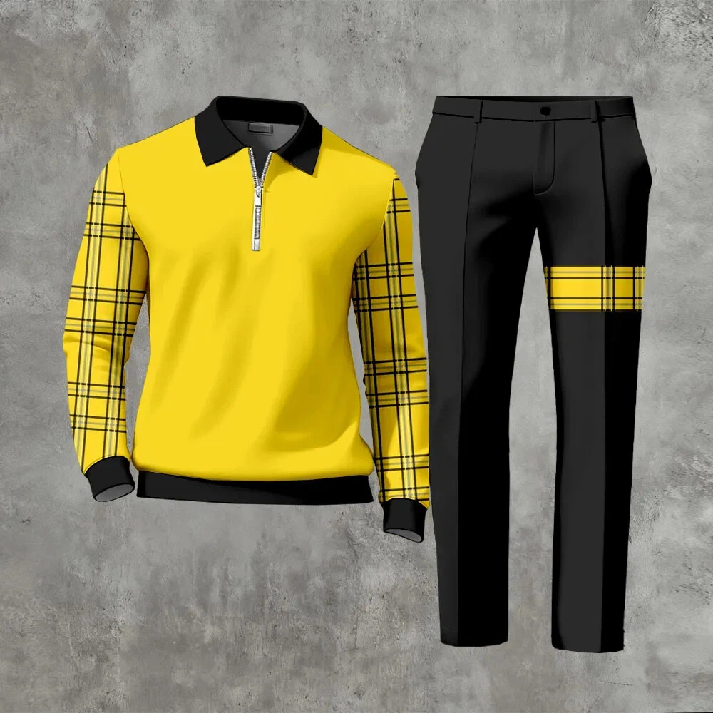 Men's Casual Color Matching Printed Polo-Collar Zipper Long Sleeved Trousers Two-Piece Set