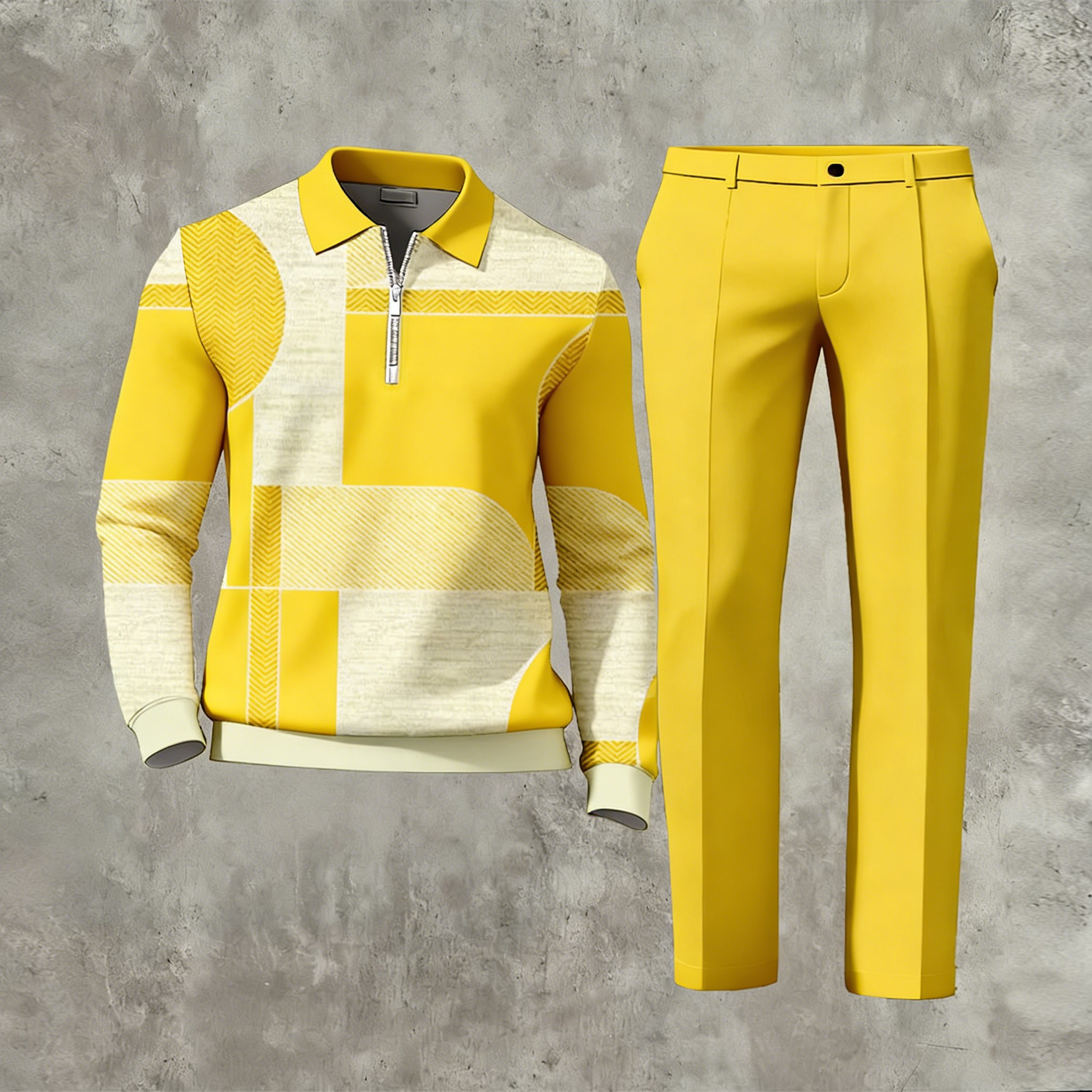 Men's Casual Multi Color Matching Geometric Printed Zipper Long Sleeved Polo Shirt & Trousers Two-Piece Set