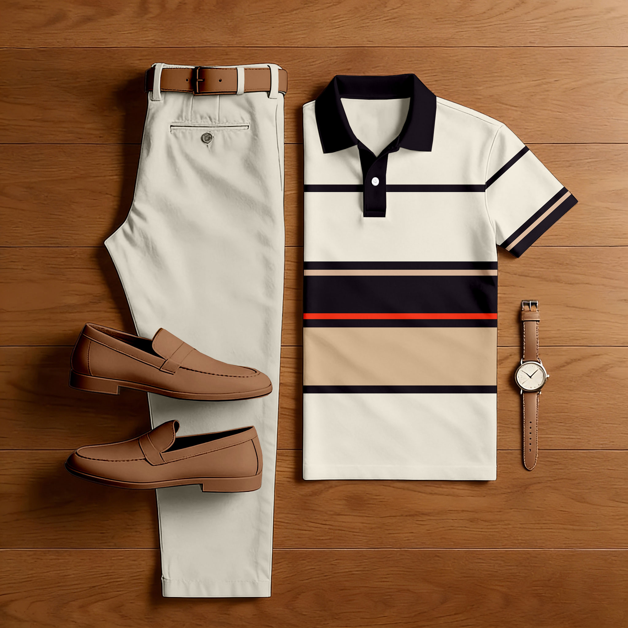 Men's Casual Beige & Black Color Matching Striped Printed Short Sleeved Polo Shirt & Trousers Two-Piece Set