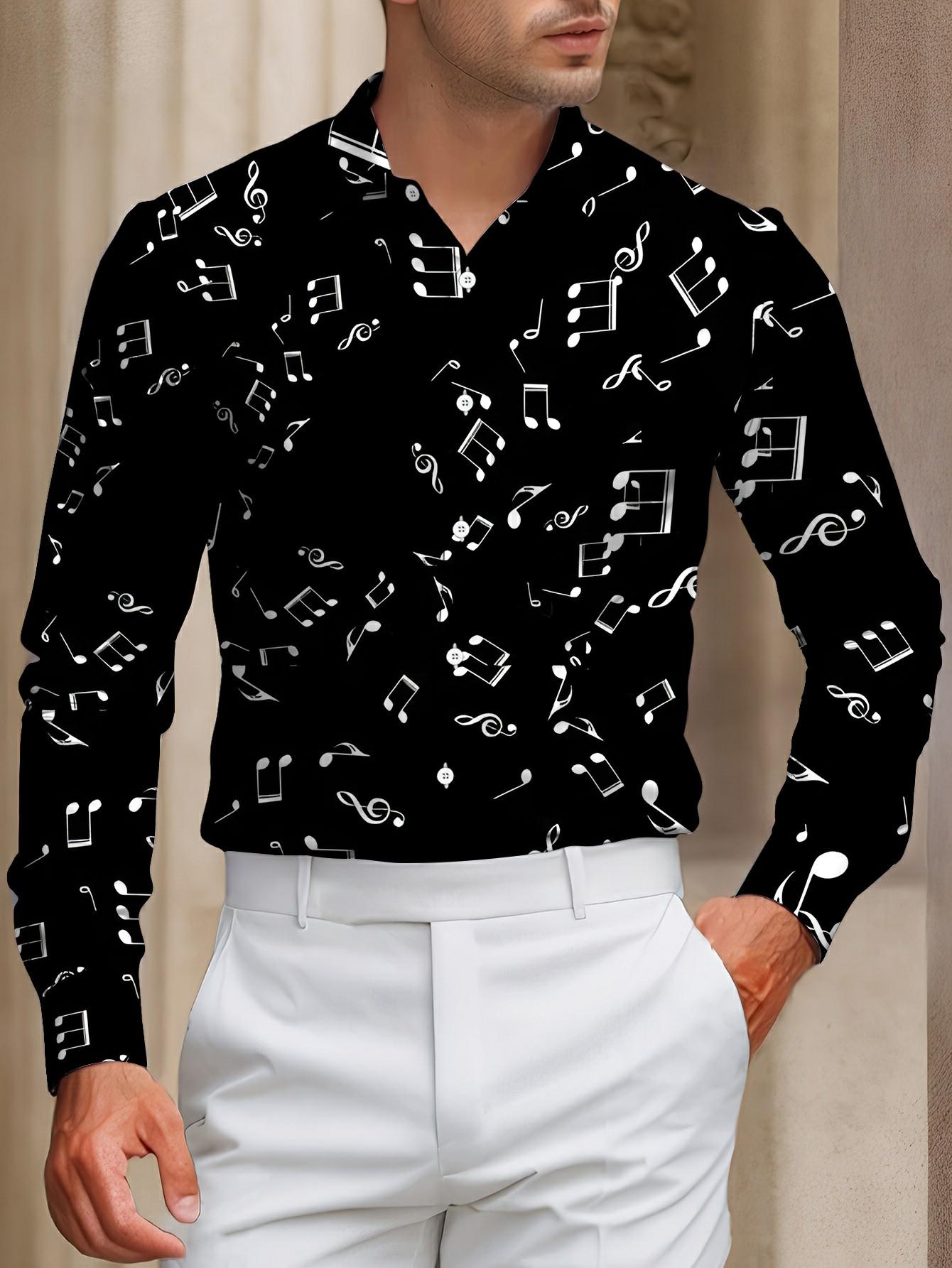 Men's Casual Black & Music Print Long-Sleeve Shirt
