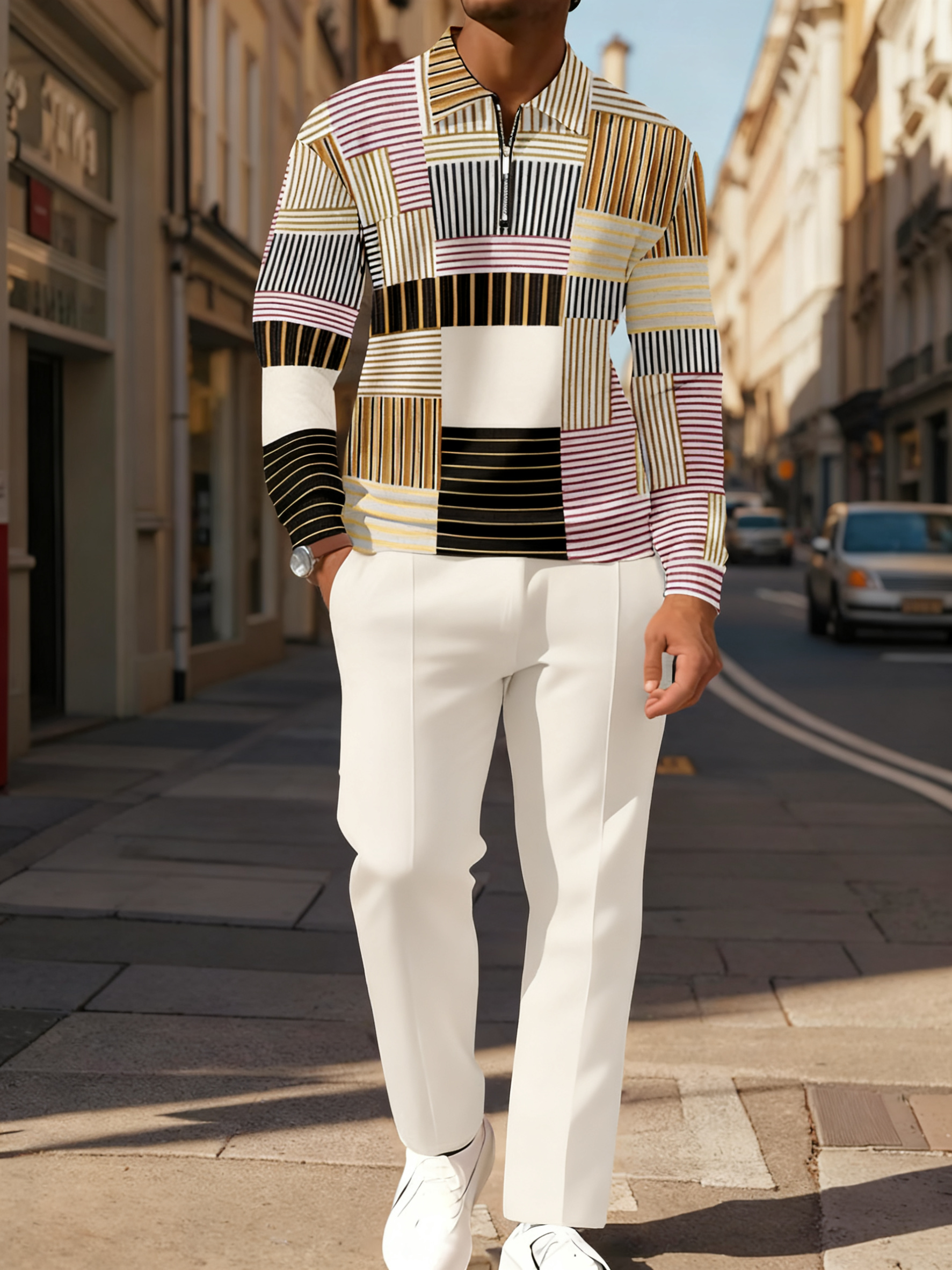 Men's Casual Colorblock Personalized Long Sleeve Polo Shirt Set 114