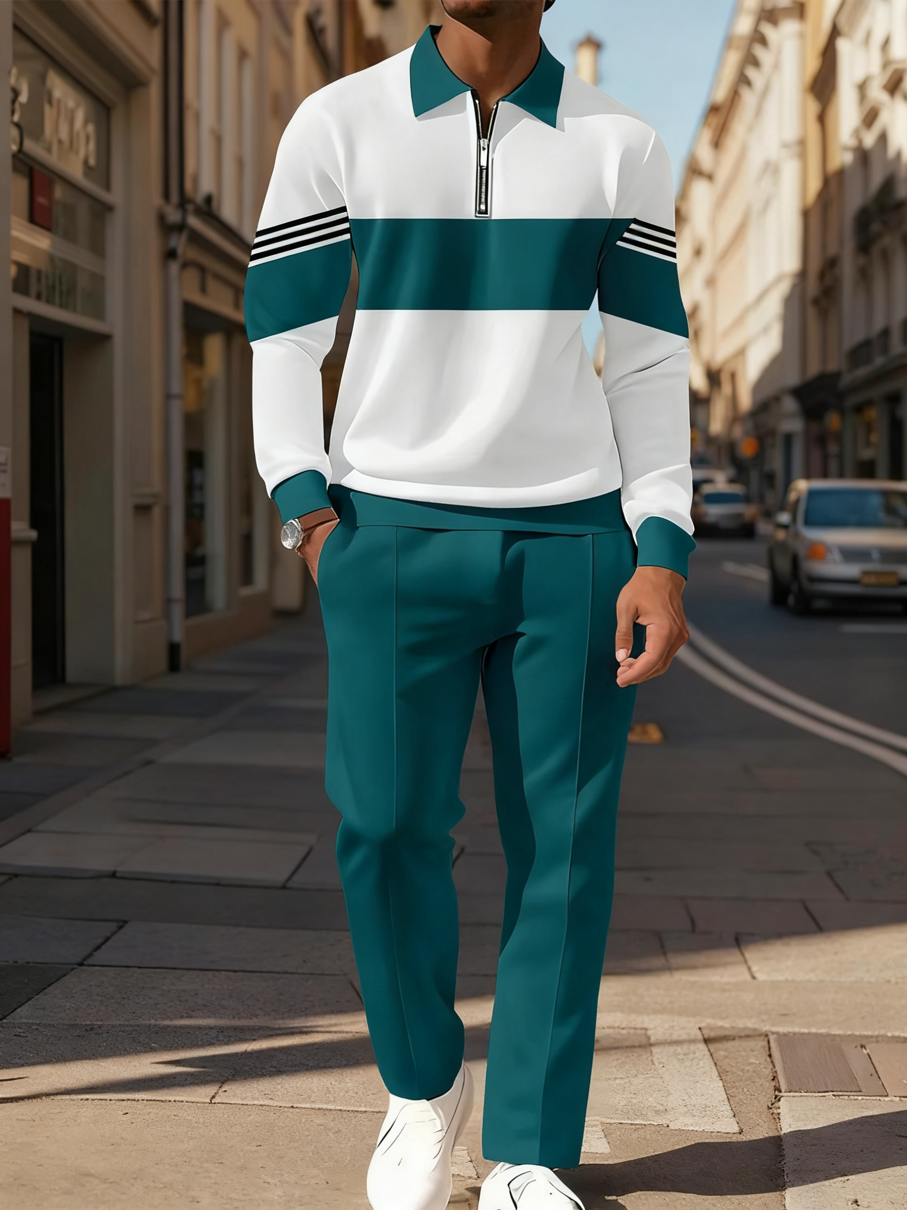 Men's Casual Colorblock Personalized Long Sleeve Polo Shirt Set  001