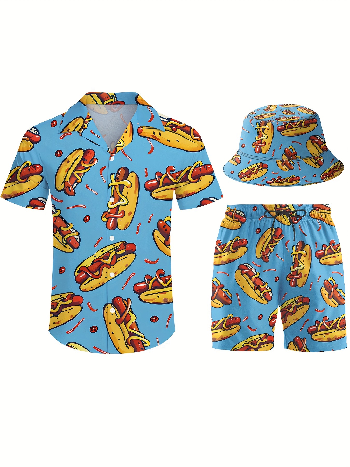 3pcs Men's Hawaiian Blue & Hot Dogs Style Printed Short Sleeves Shirt & Short & Fisherman's Hat