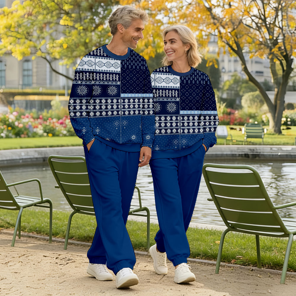 Valentine's Day Royal Blue & White Color Matching Vintage Printed Long Sleeved Sweatshirt & Sweatpant Two-Piece Set