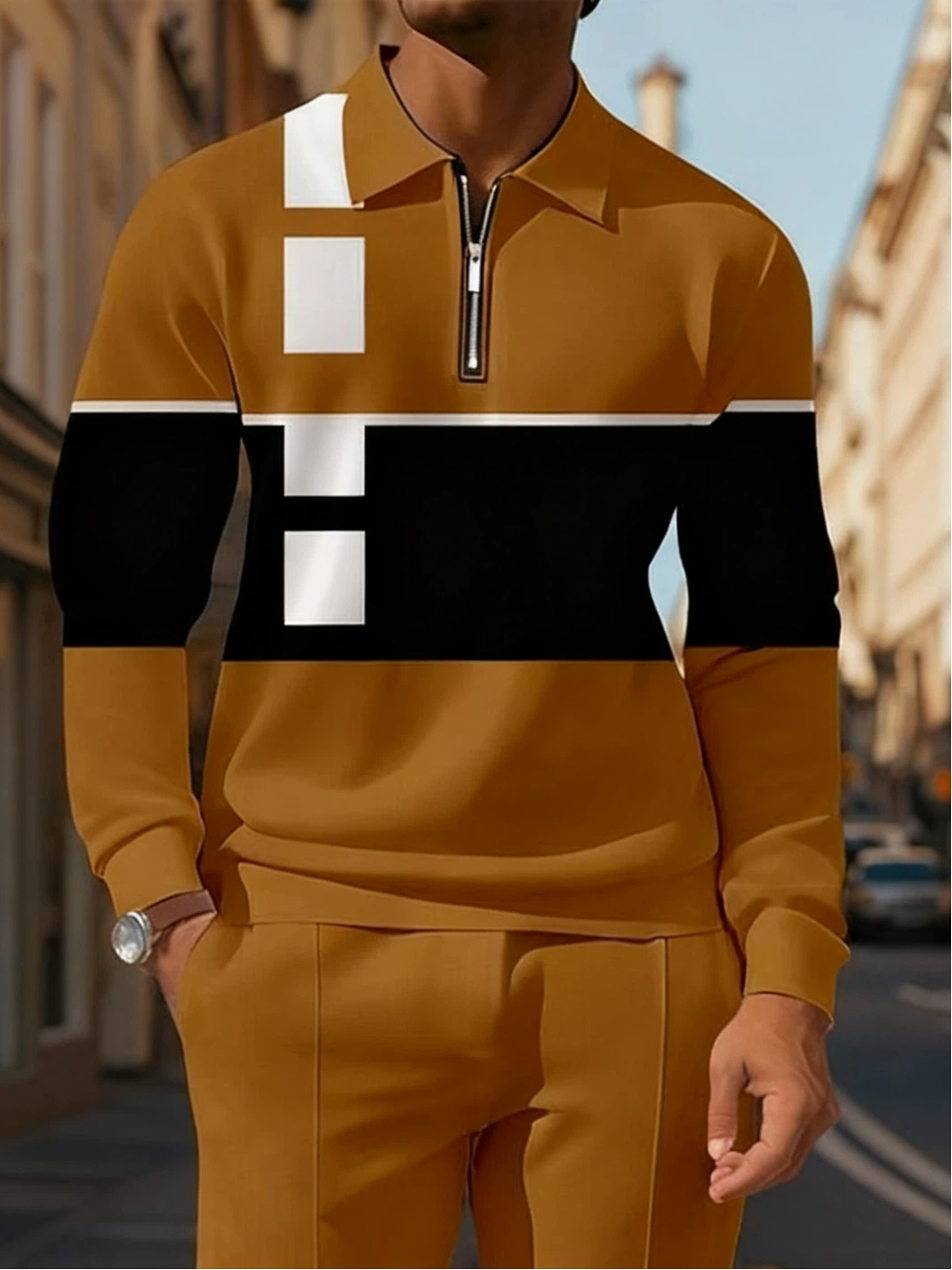 Men's Casual Colorblock Personalized Long Sleeve Polo Shirt Set 004