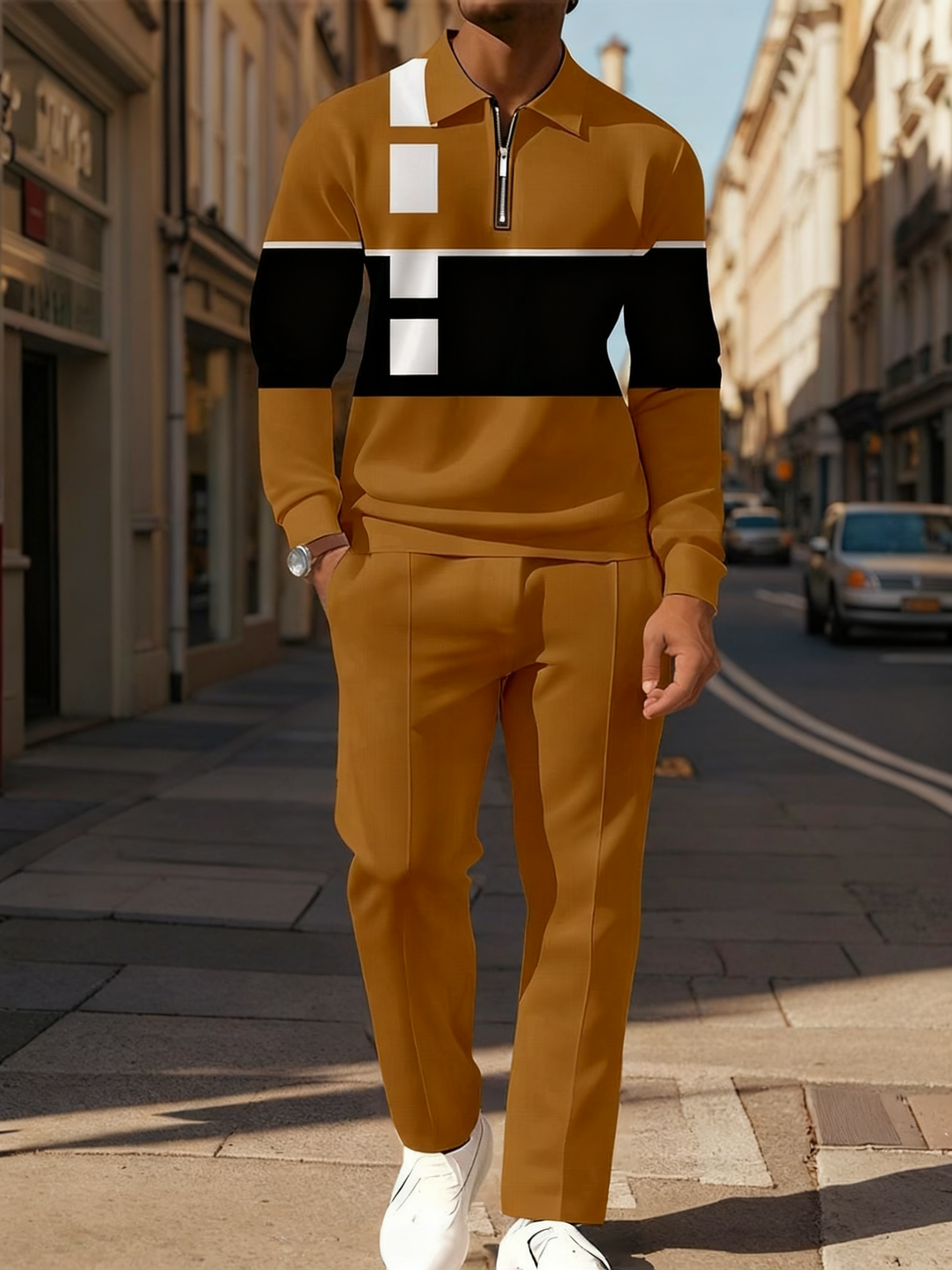 Men's Casual Colorblock Personalized Long Sleeve Polo Shirt Set 004