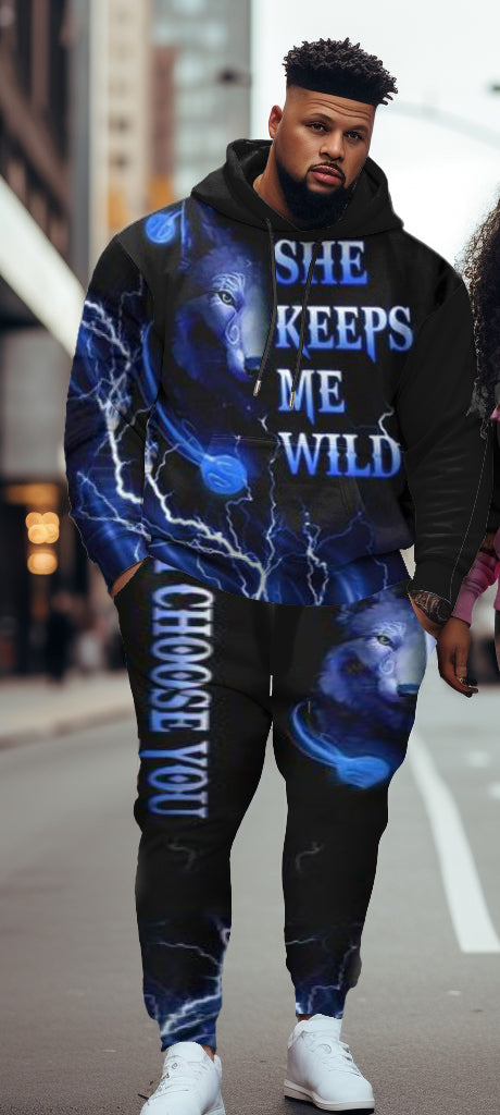 Couple Big and Tall  Wolf Hoodie And Sweatpants Set He Keeps Me Safe She Keeps Me Wild Pink And Blue
