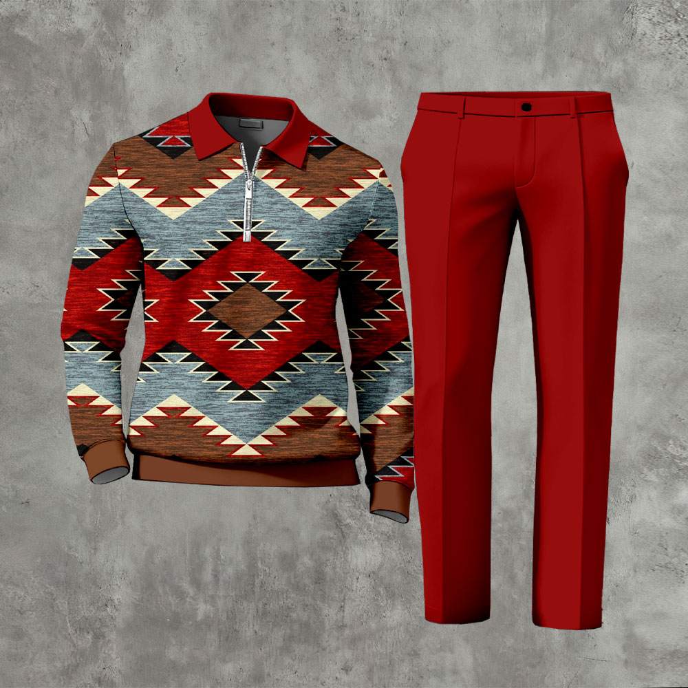 Men's Casual Ethnic Style Totem Elements Polo-Collar Zipper Long Sleeved Trousers Red Two-Piece Set 117