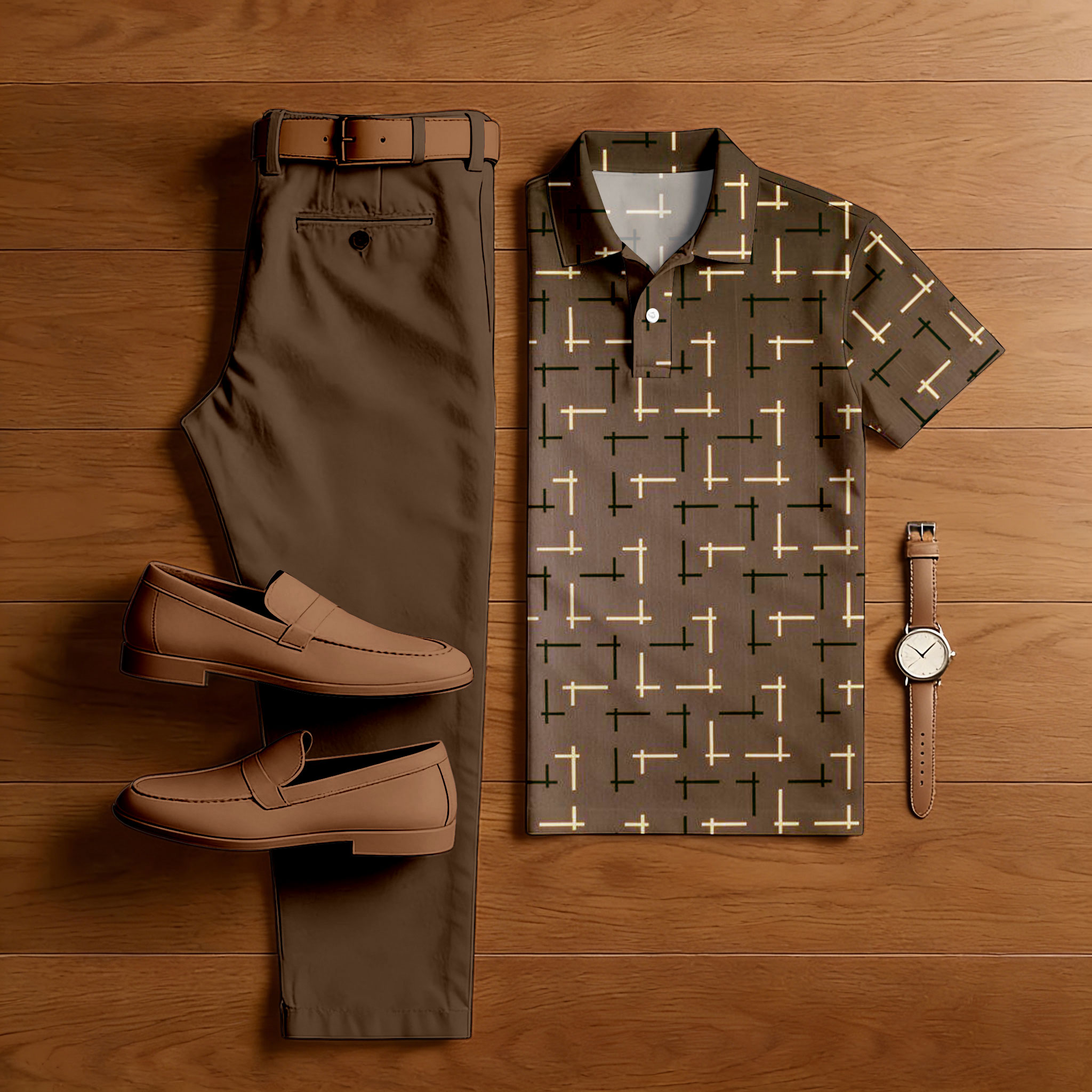 Men's Casual Coffee Color Matching Printed Short Sleeved Polo Shirt & Trousers Two-Piece Set