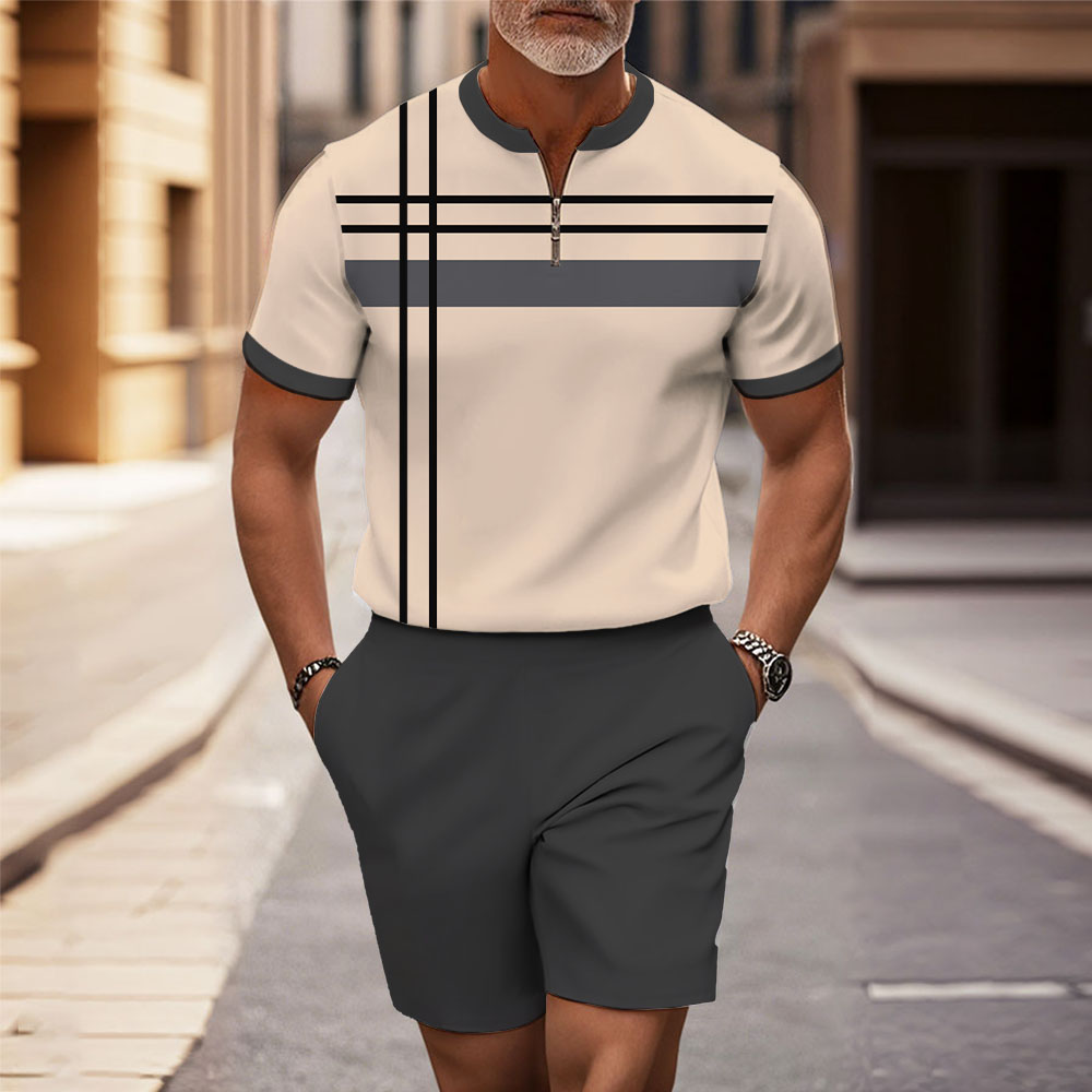 Men's Fashion Casual Round-Neck Geometric Printed Short-Sleeved Two-Piece Set 8263