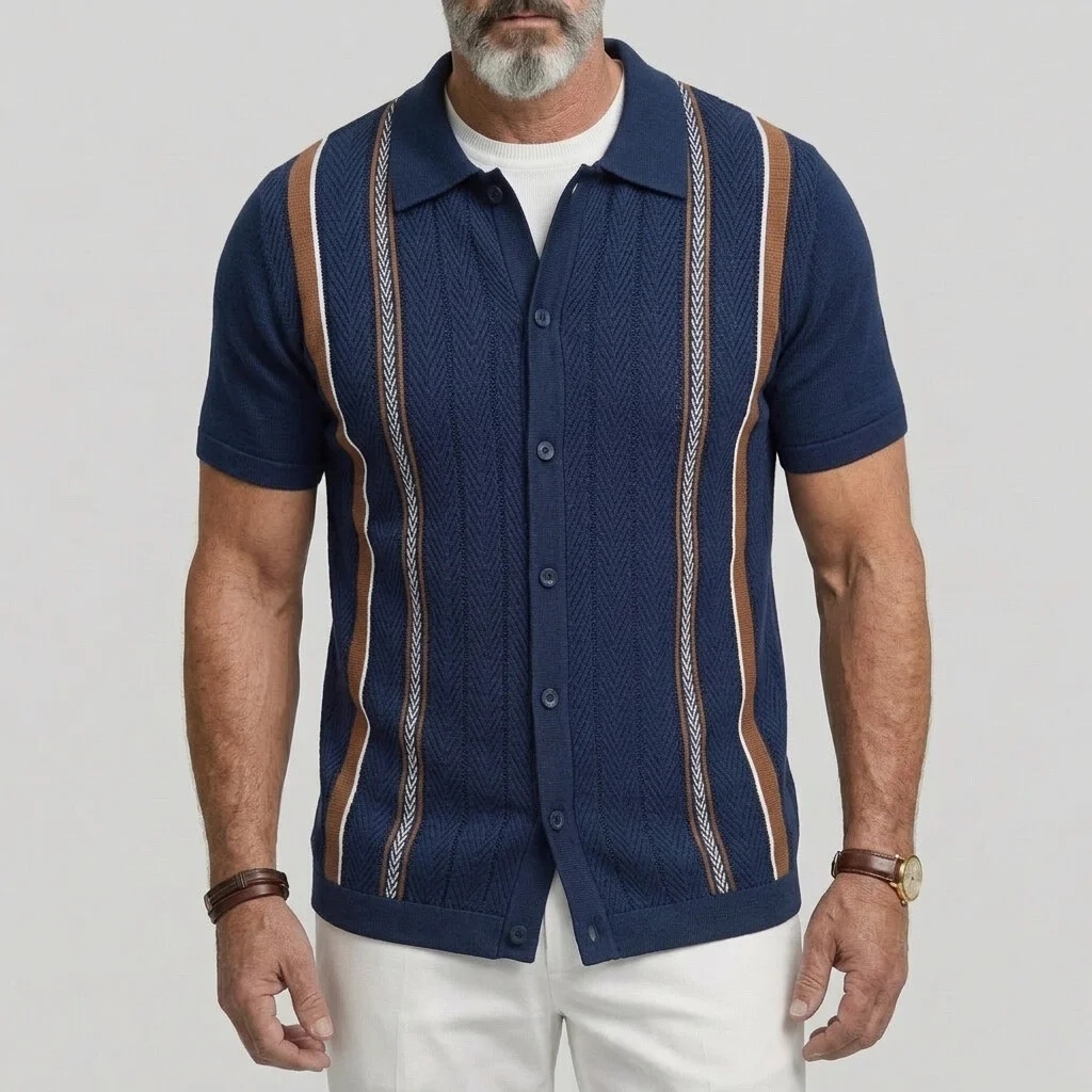 Men's Navy Blue Herringbone Pattern Knit Single Breasted Short Sleeve Shirt