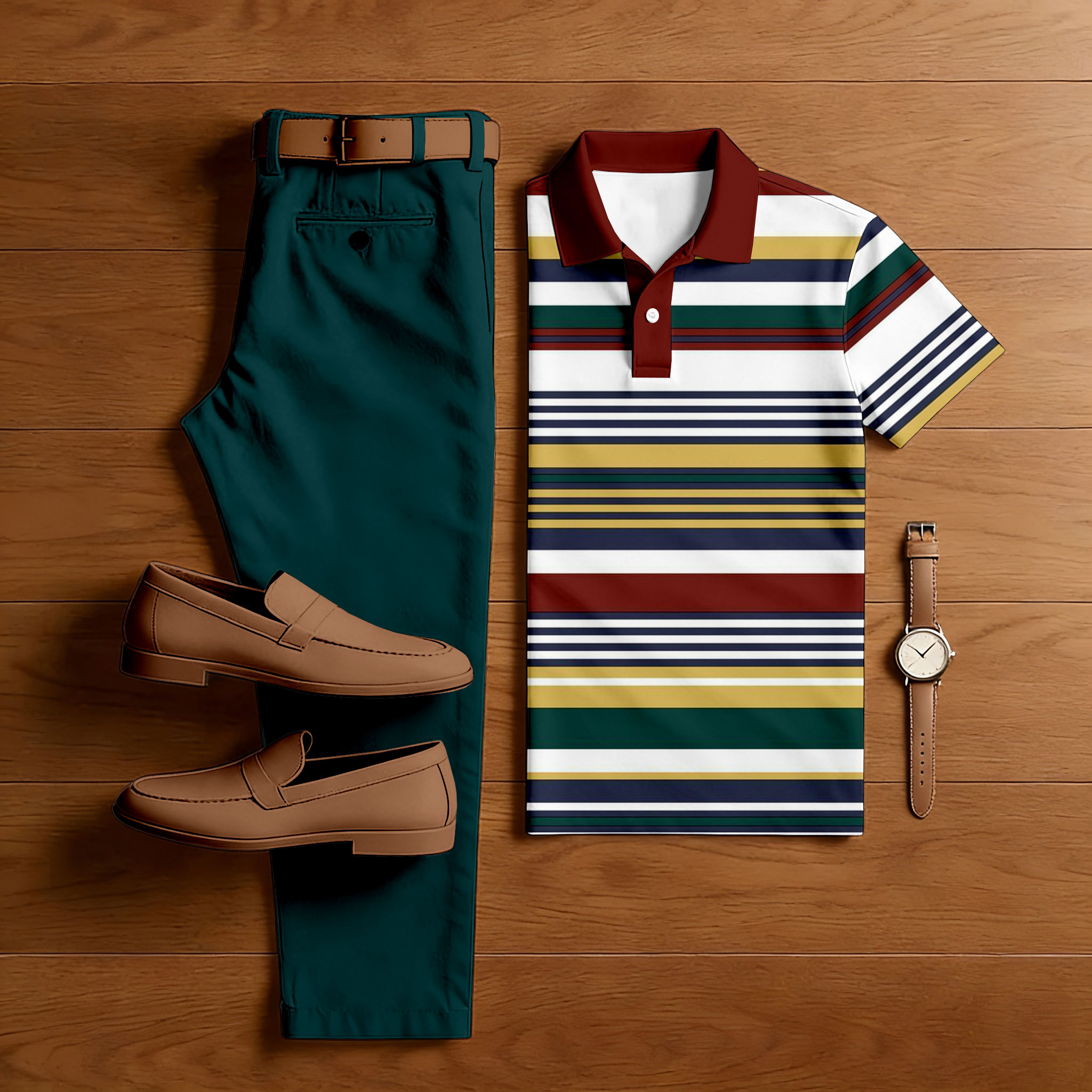 Men's Casual Green & Multi Color Matching Striped Printed Short Sleeved Polo Shirt & Trousers Two-Piece Set