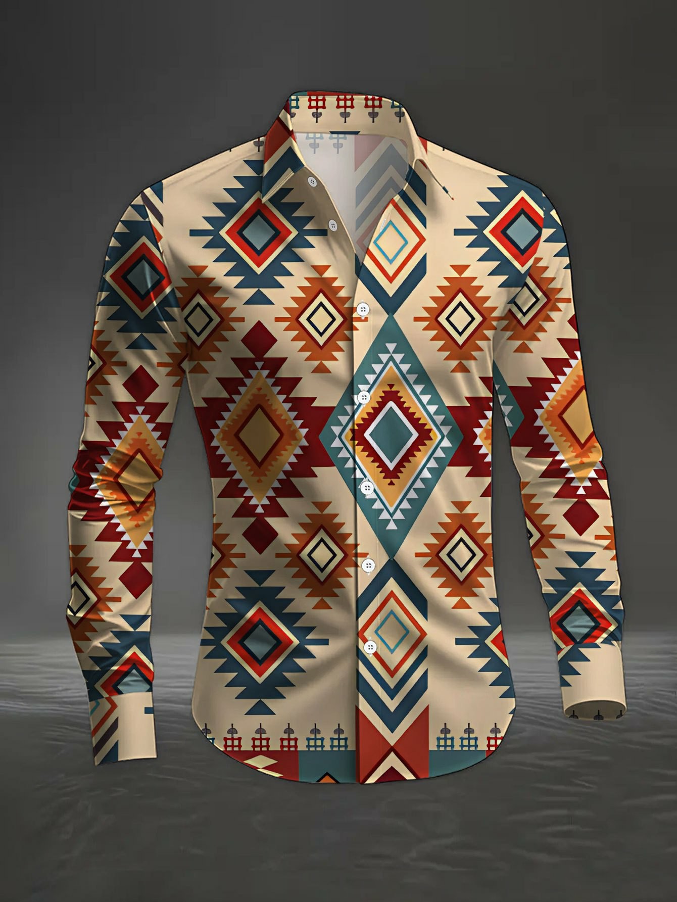 Men's Casual Tan & Multi Retro Style Print Long-Sleeve Shirt